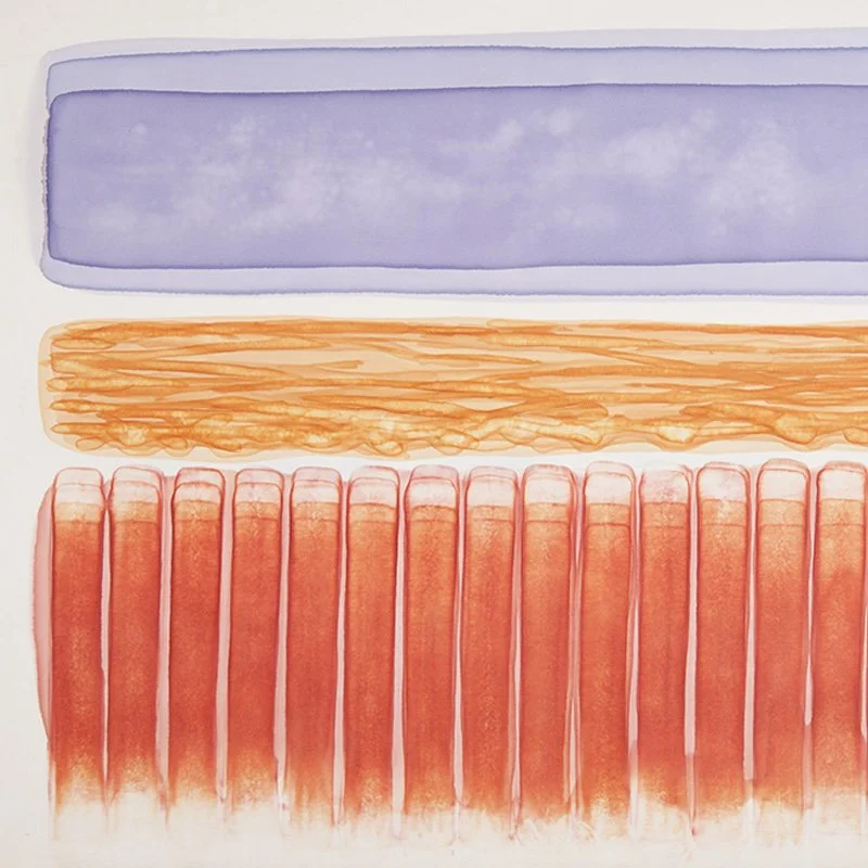 Abstract artwork by Angelo Granata with purple, orange, and red rectangular shapes stacked in layers.