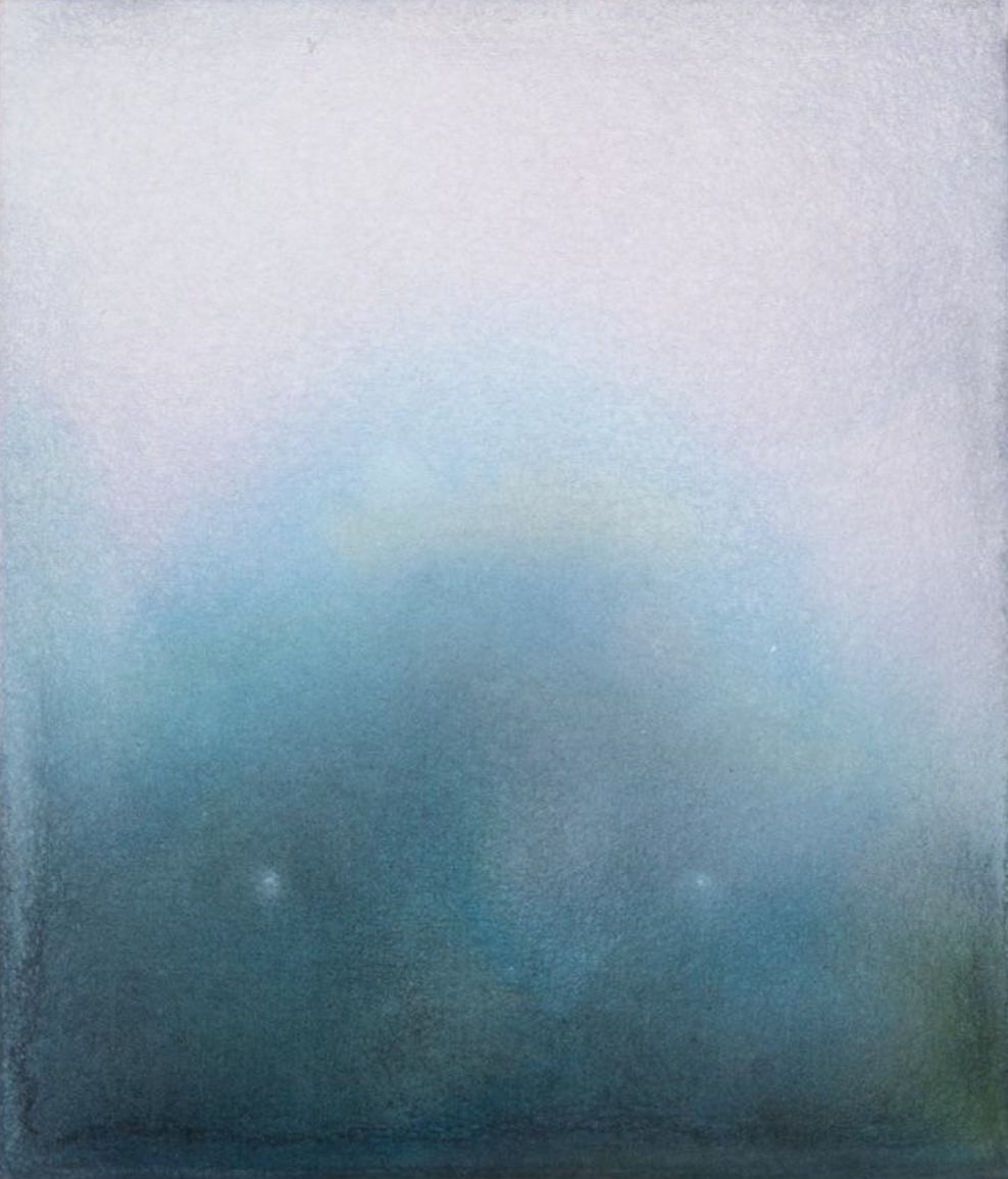 An abstract painting showing a foggy, blue-toned landscape seen through a window or layer of condensation with indistinct shapes and two small bright spots in the lower part of the image.