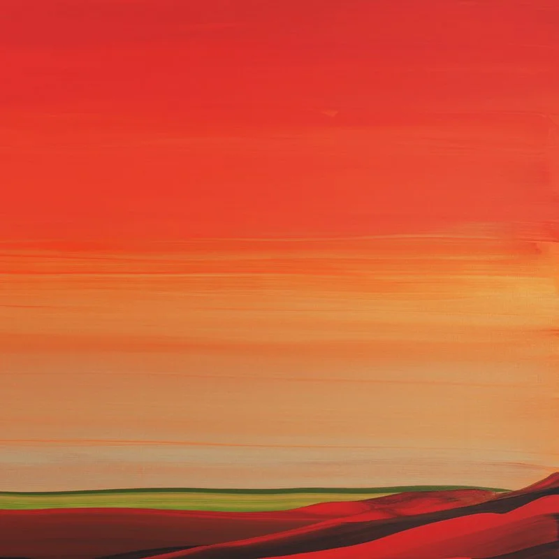 Abstract painting by Spanish artist Nico Munuera with a red and orange gradient sky above stylized hills in green and dark red.