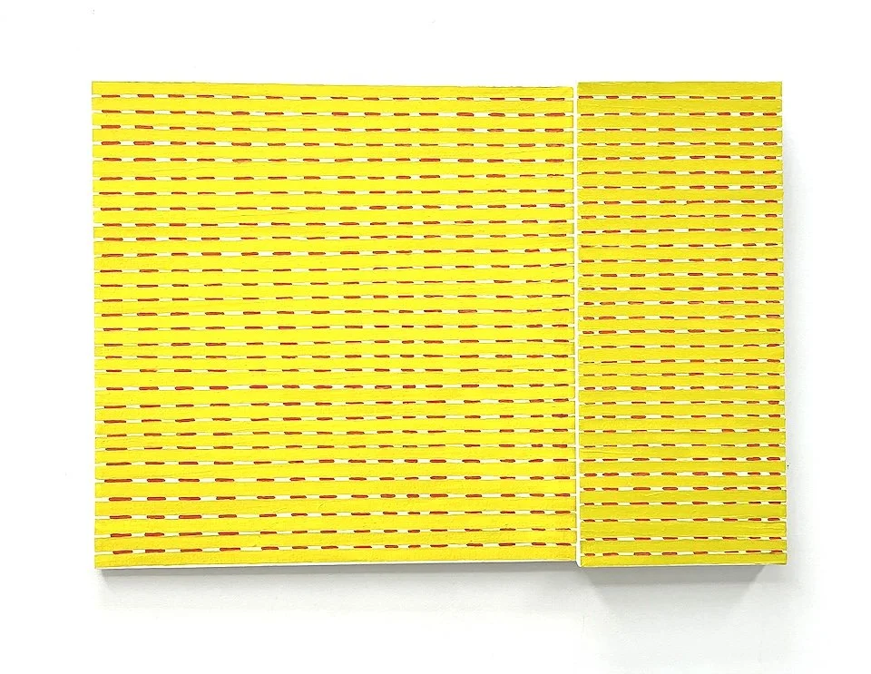 A yellow painting with a smaller right section, both sections have a pattern of horizontal yellow and red-orange stripes.