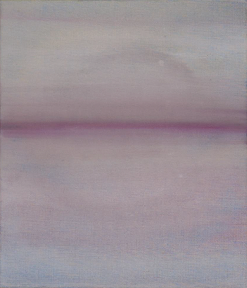 Abstract painting with soft horizontal strokes in pastel shades of pink, purple, and pale blue.