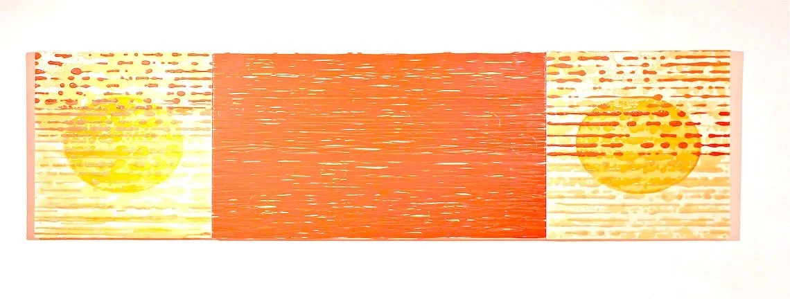 A painting with a sunset scene, featuring two yellow-orange suns on opposite sides and a central red-orange background with textured horizontal strokes.