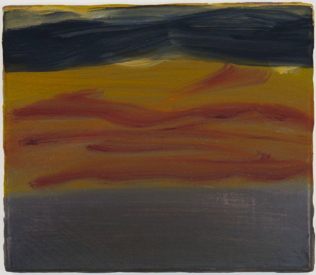 Abstract painting with horizontal bands of dark blue at the top, yellow and red in the middle, and dark gray at the bottom.