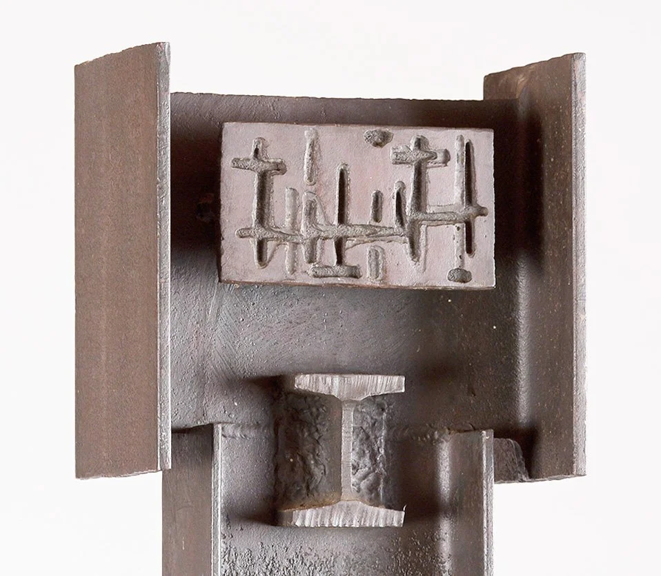 Abstract metal sculpture by Angelo Granata with rectangular plate and vertical elements