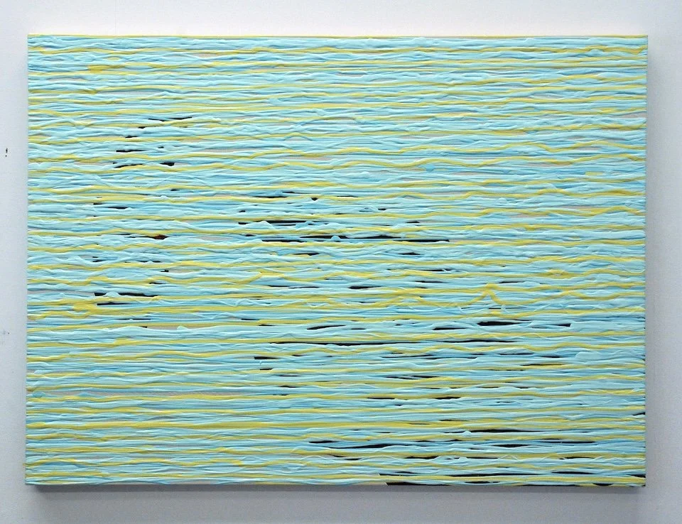 Abstract painting with horizontal streaks of blue, yellow, and black lines on a white background.