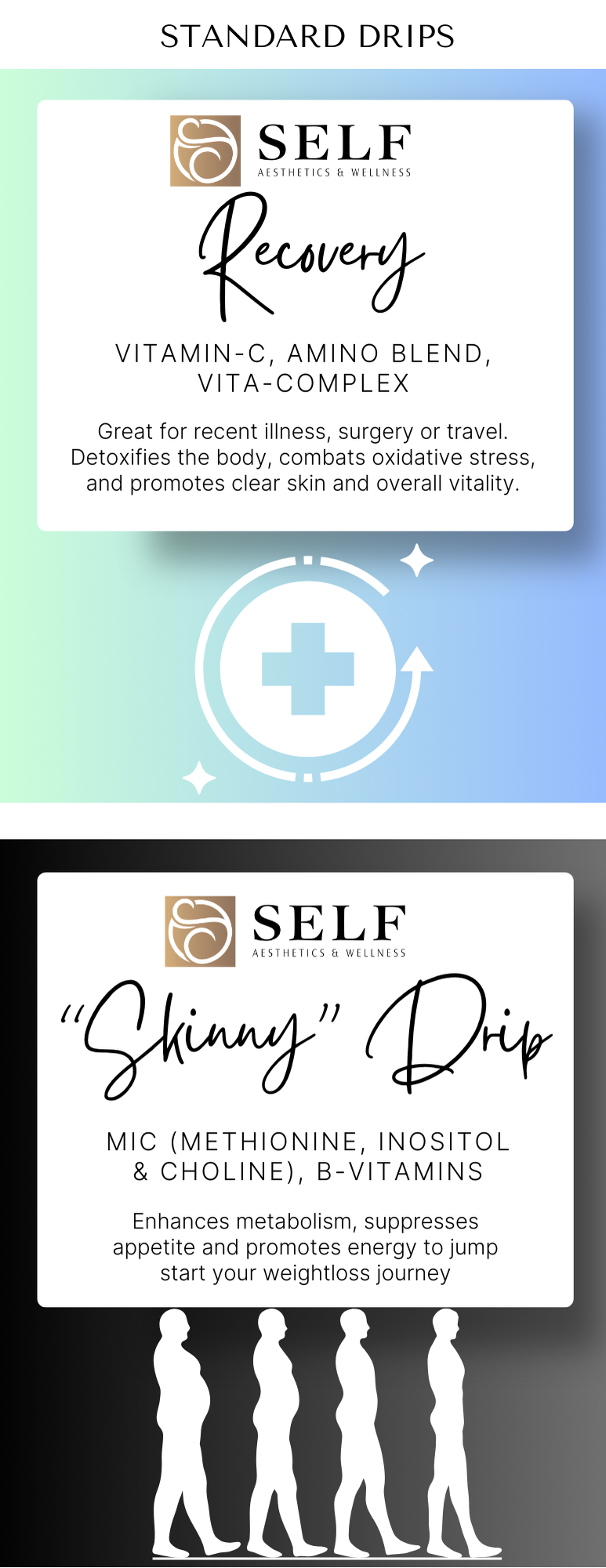 Two supplement product labels for SELF Aesthetics & Wellness. The top label is for 'Recovery' with Vitamin-C, amino blend, and Vita-Complex, designed for healing and skin health. The bottom label is for 'Skinny' Drip with MIC, B-vitamins, and choline, aiming to boost metabolism and energy. Both labels feature the company's logo, product names, ingredients, and descriptions, with one label set against a colorful background and the other against a black background, along with a graphic of four silhouettes showing weight loss.