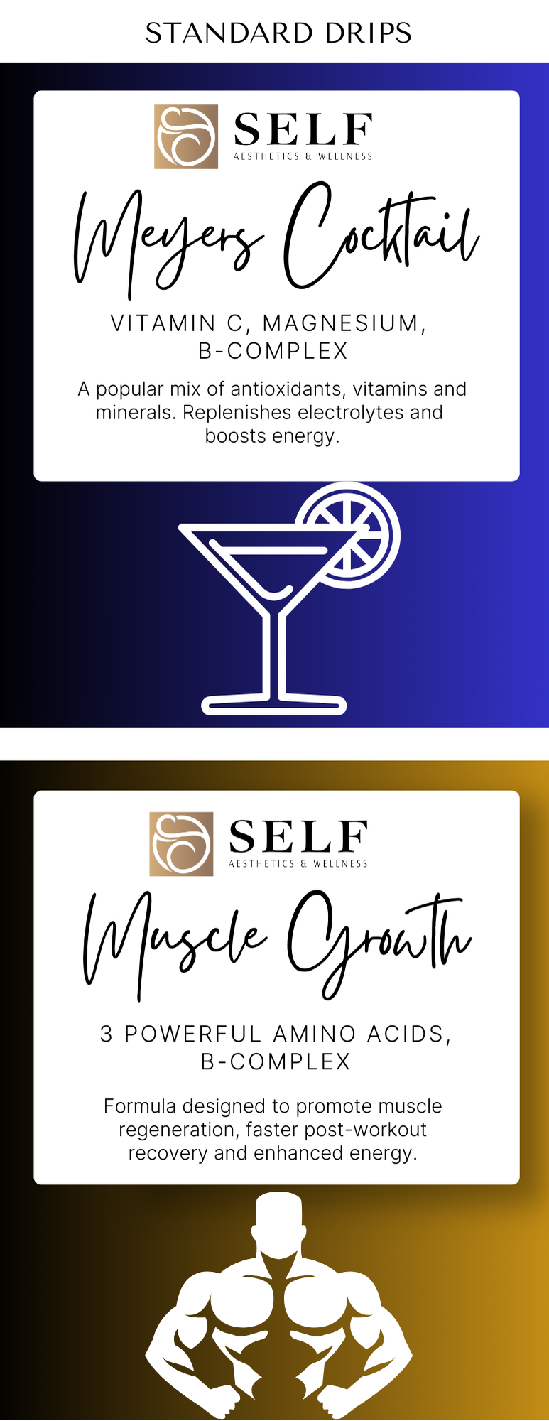 Labels for Self Aesthetics & Wellness supplements, featuring a cocktail drink with lemon, promoting Vitamin C, Magnesium, B-Complex, and amino acids for energy, muscle growth, and recovery.
