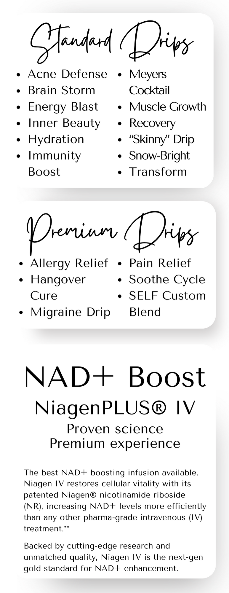 A promotional flyer for NAD+ Boost NiagenPLUS® IV therapy, highlighting its benefits and ingredients. The flyer lists standard and premium drips with associated health benefits and describes the science and advantages of NiagenPLUS® IV for NAD+ level enhancement.