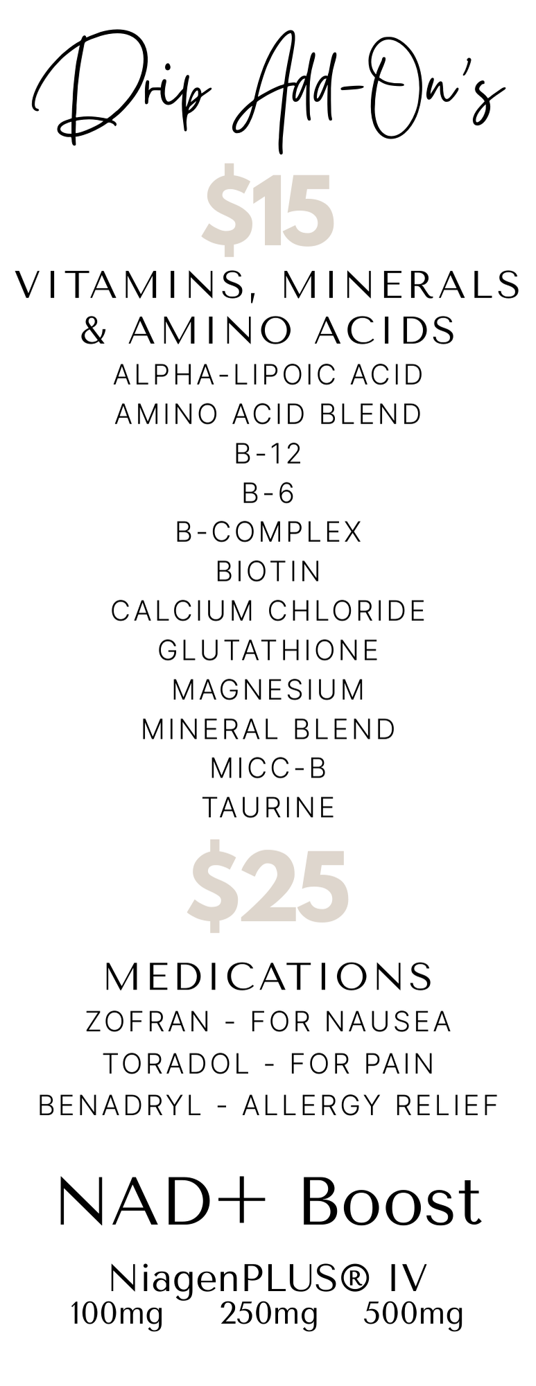List of health and wellness products including vitamin and mineral supplements, medications, and NAD+ boosting supplements.