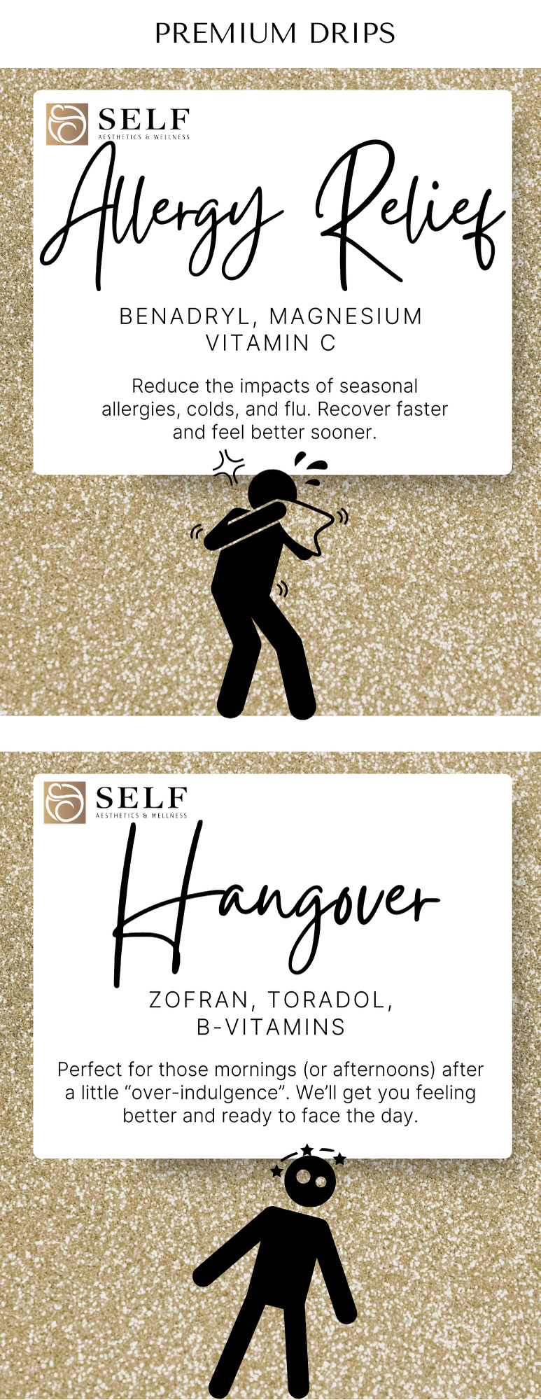 Two promotional graphics for wellness products, with black illustrated figures sneezing and with a headache, set against a gold sparkly background. The first promotes allergy relief supplements, the second promotes hangover tablets.
