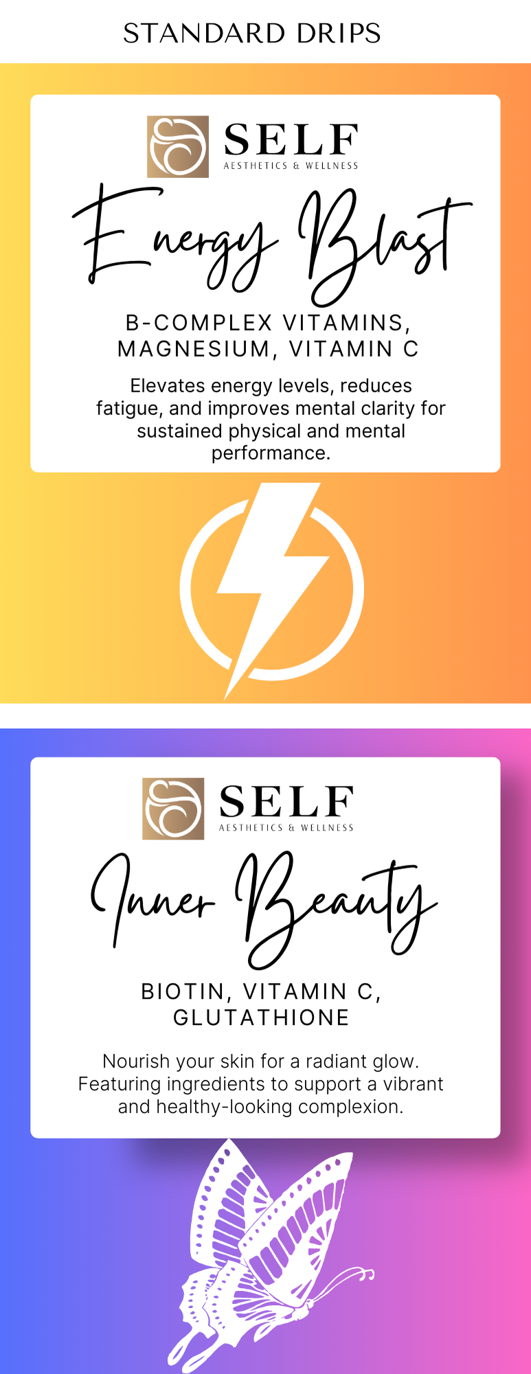 Packaging of SELF Aesthetics & Wellness skincare products, Energy Blast and Inner Beauty, featuring colorful backgrounds, black cursive text, and a butterfly illustration.