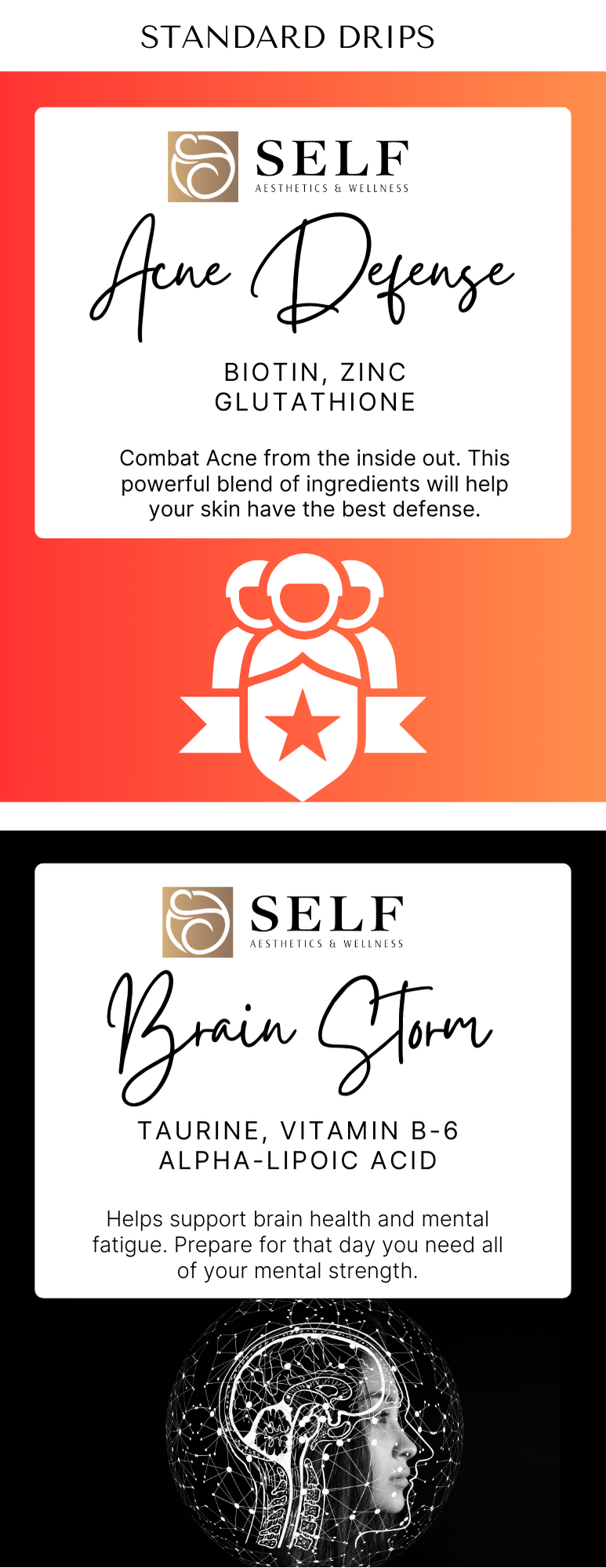 Labels for Self Aesthetics & Wellness dietary supplements, including 'Acne Defense' and 'Brain Storm', with descriptions of their ingredients and benefits, and an artistic image of a human head with a brain and neural connections.