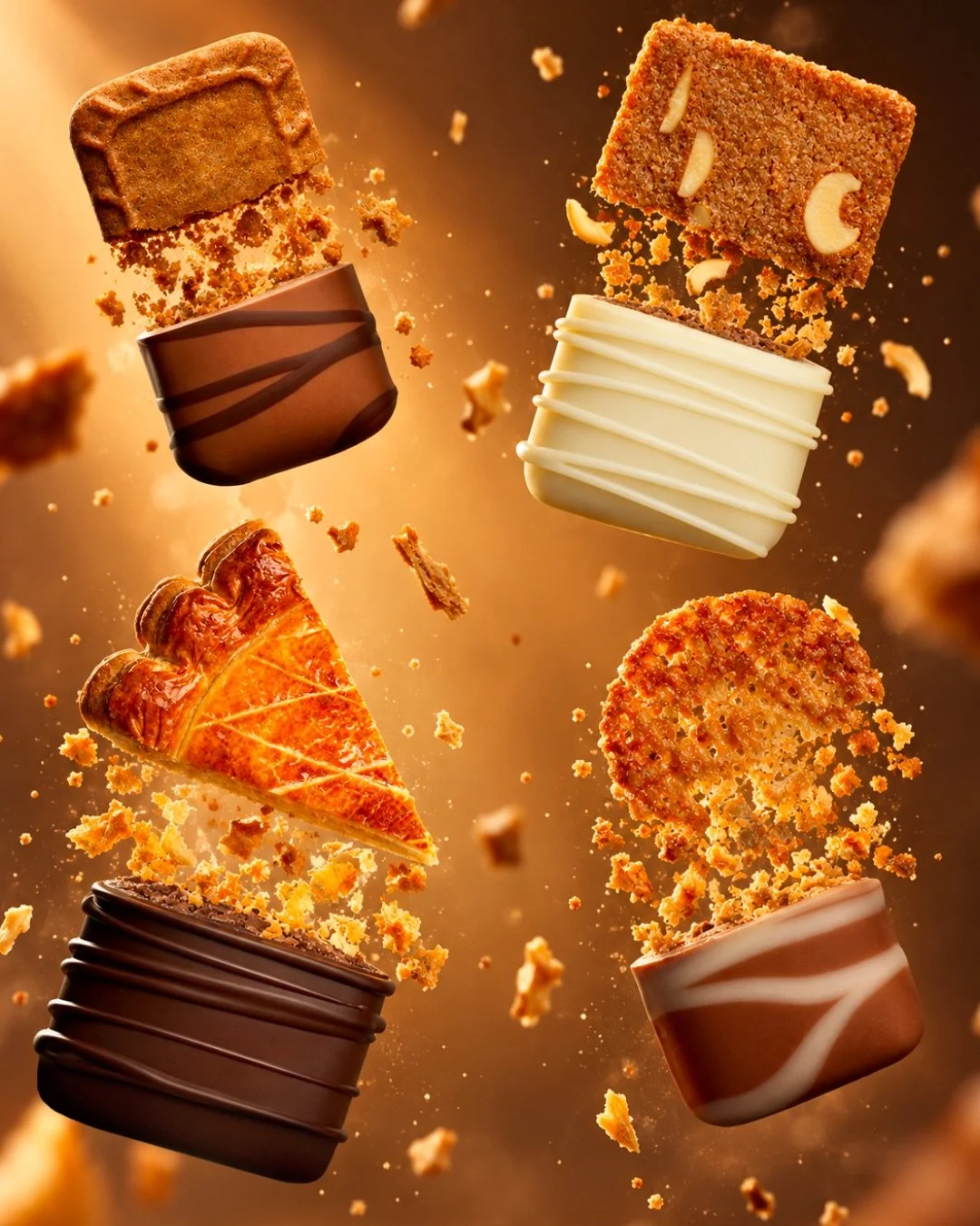Mosaïque Pain d'amandes - Wit (praliné met amandelbrood)
Mosaïque Feuilletine - Melk (praliné met fijne stukjes koek)
Mosaïque Speculoos - Melk (praliné met stukjes speculoos)
Mosaïque Frangipane - Puur (praliné met frangipanesmaak)