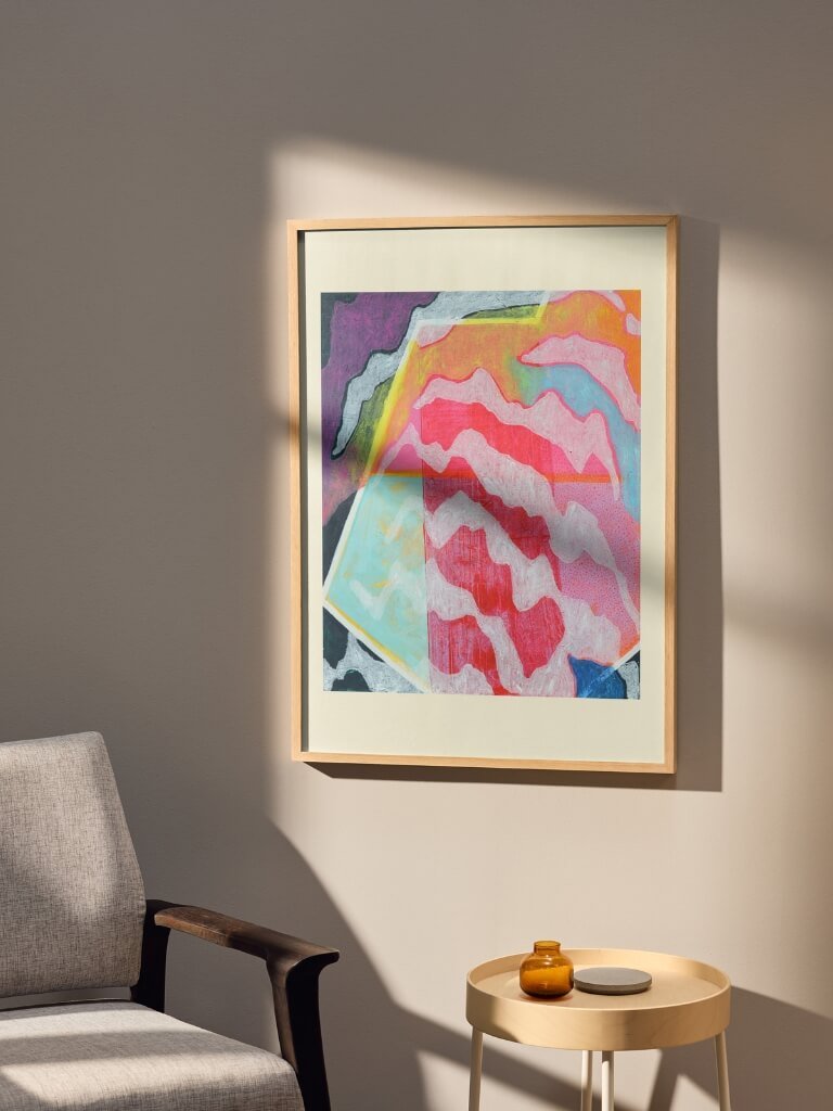 "A Long Time Ago" A2 sized print, framed and hanging on a wall in a styled living room.