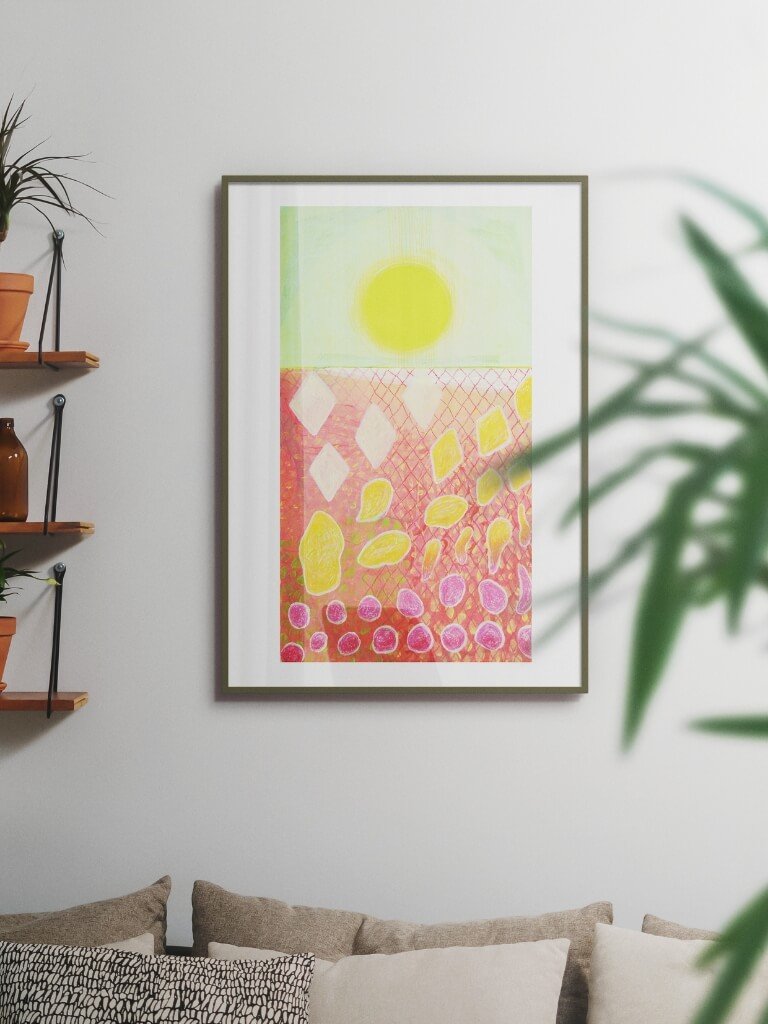 "Revolutions Under Neon" print featured in a living room interior.