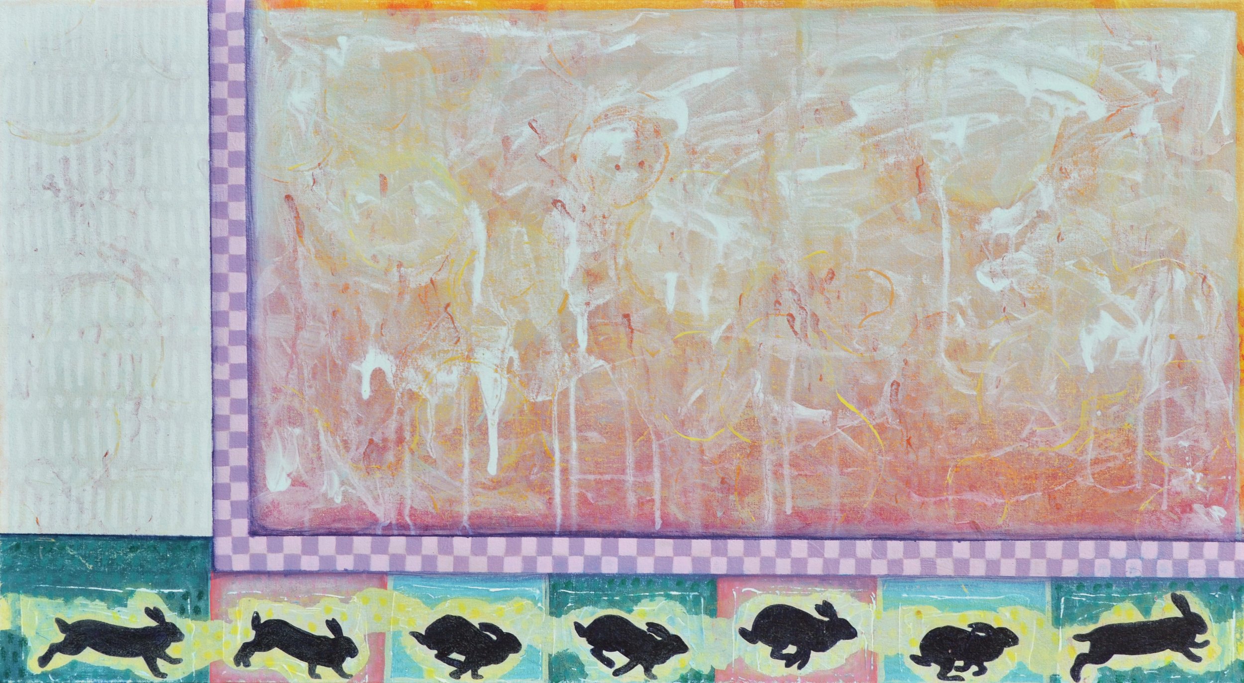 "The Chase" print, featuring layered textures and dynamic movement.