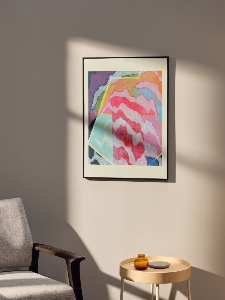 "A Long Time Ago" A3 sized print, framed on a simple wall in a sunlit living room.