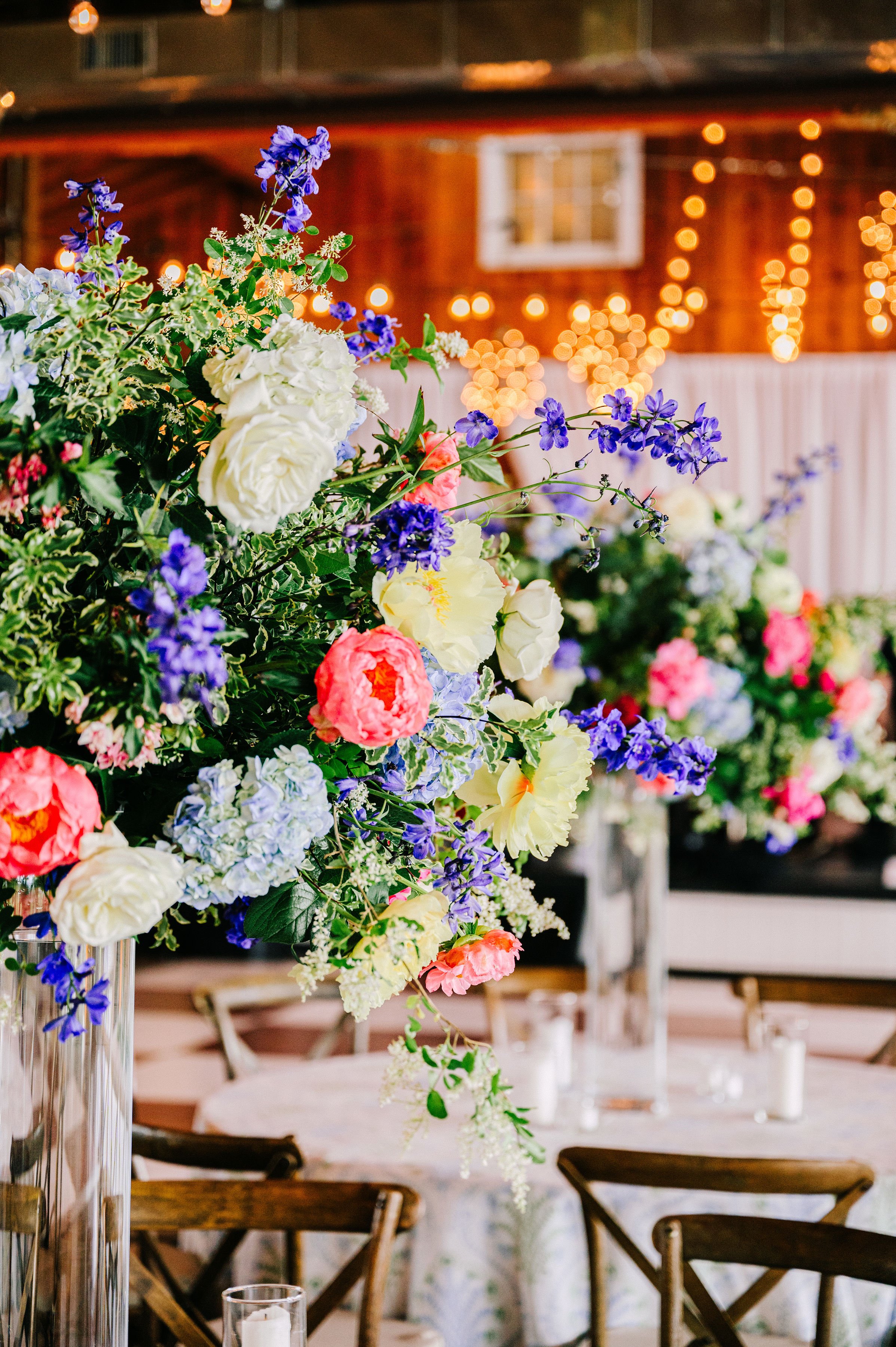 Betsi Ewing Photography Spring, Eclectic, Reception, Barn, Lighting, Details, Florals, Purple, Pink, White, Blue, Green