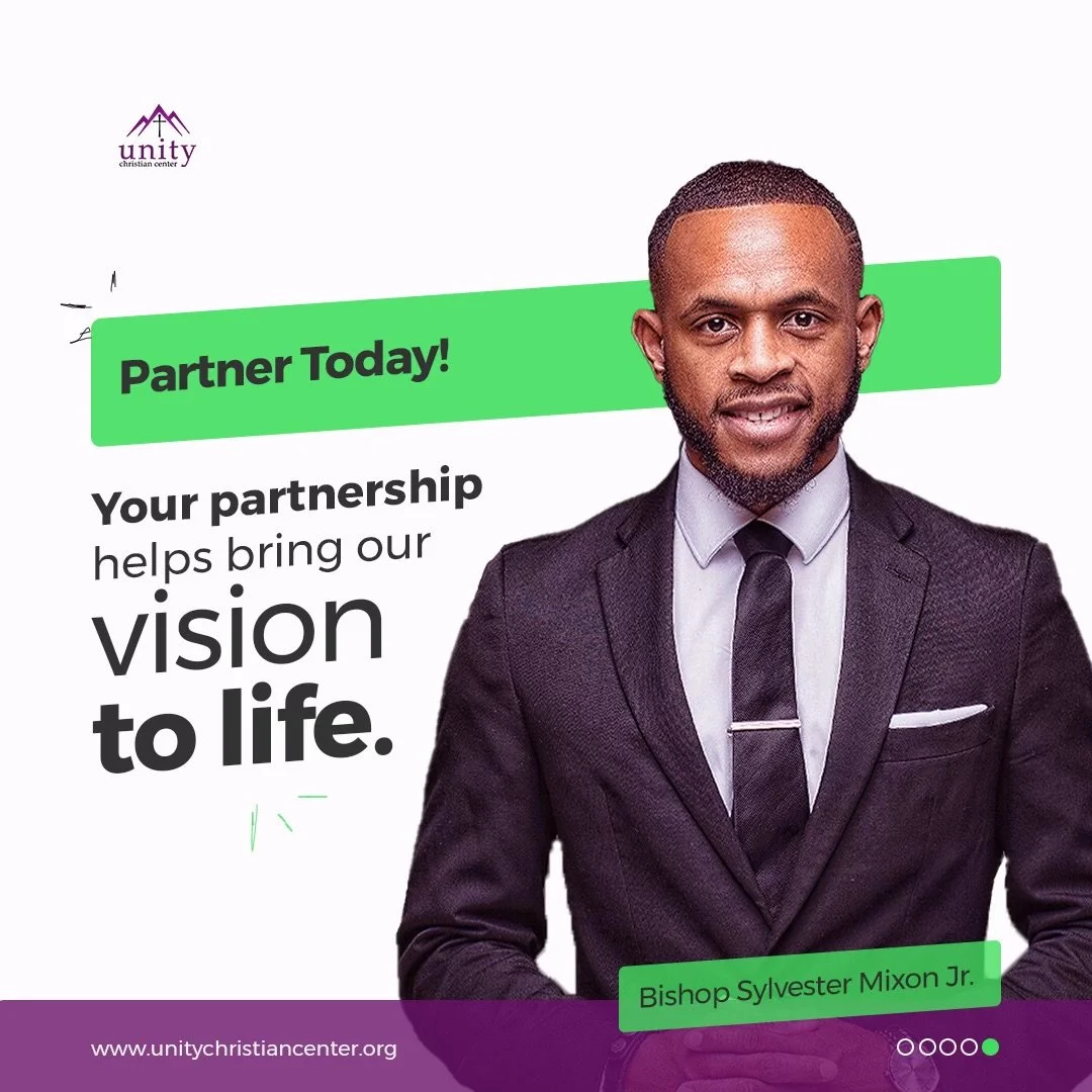 A man in a suit smiling, with text promoting partnership and vision for a Christian center called Unity Christian Center. The text reads 'Partner Today! Your partnership helps bring our vision to life.' The name Bishop Sylvester Mixon Jr. and the website www.unitychristiancenter.org are also visible.