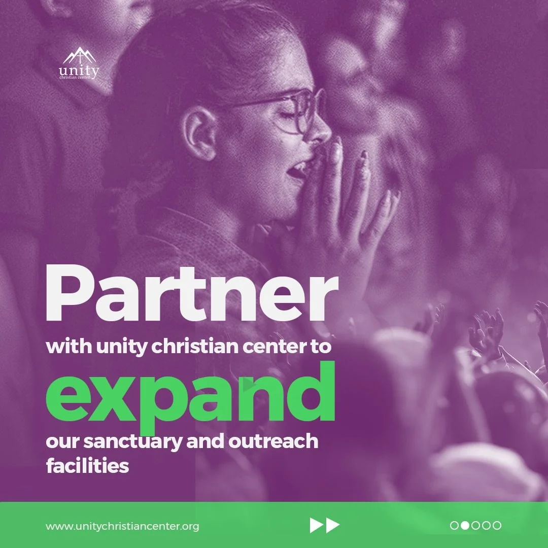 A woman praying with hands clasped in a crowd at a church service, with the logo of Unity Christian Center in the top left corner. The overlay text reads: 'Partner with unity christian center to expand our sanctuary and outreach facilities.'
