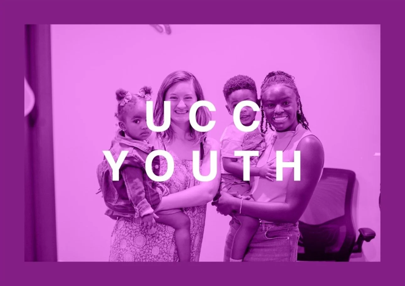 Group photo of four people, including two women and two children, smiling and posing in an indoor setting with a purple color overlay, with text 'UCC YOUTH' overlaid.