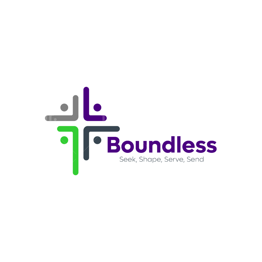 Logo with stylized figures, the word 'Boundless' in purple, and the tagline 'Seek, Shape, Serve, Send'.