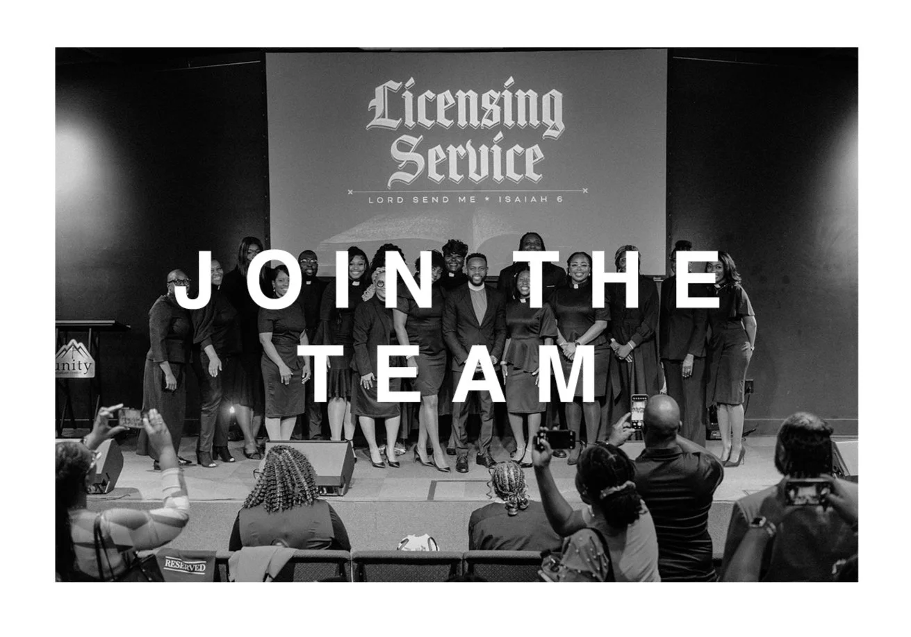 Group of people on stage during a licensing service event, with the words 'Join the Team' overlaid, and an audience taking photos.