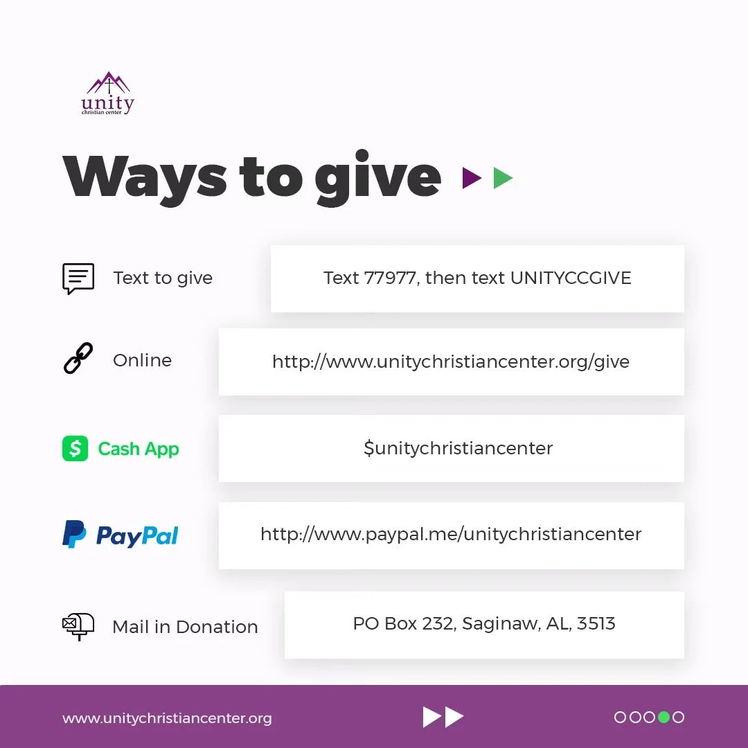 Information on ways to give to Unity Christian Center, including texting a code, online donation website, Cash App handle, PayPal link, and mailing address.