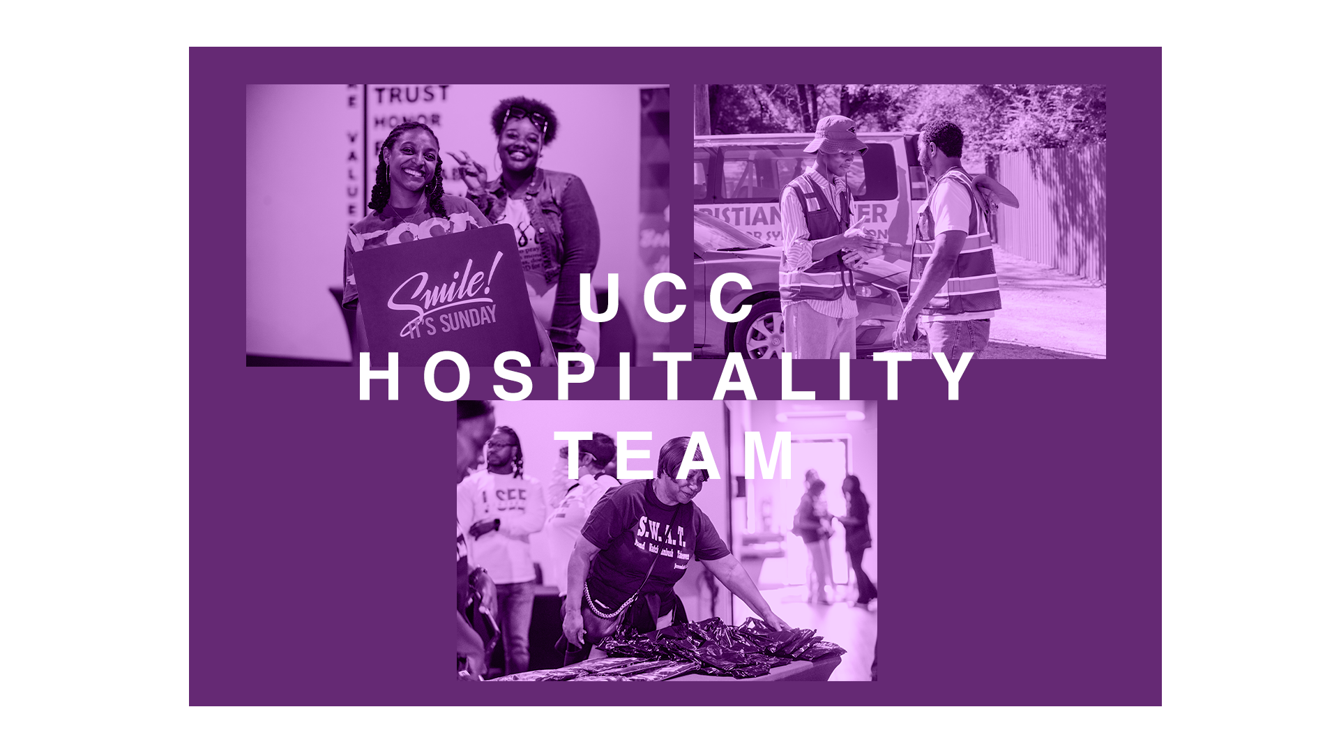 Promotional graphic for UCC Hospitality Team featuring three photos of staff and volunteers interacting with customers and serving food, over a purple background with white text.