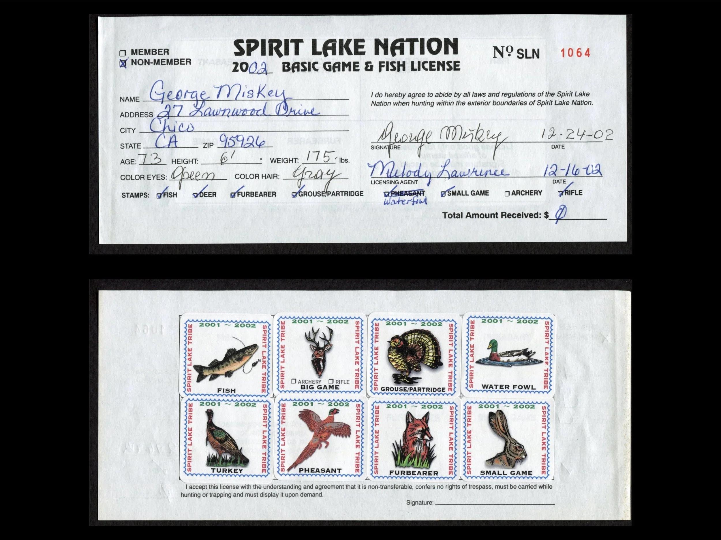 Spirit Lake 2001-02 Non-Member License # 1064 George Miskey