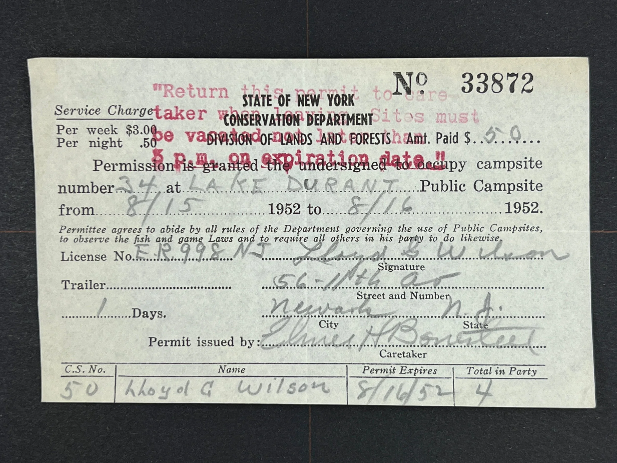 New York Camping 1952 33872, no stamps