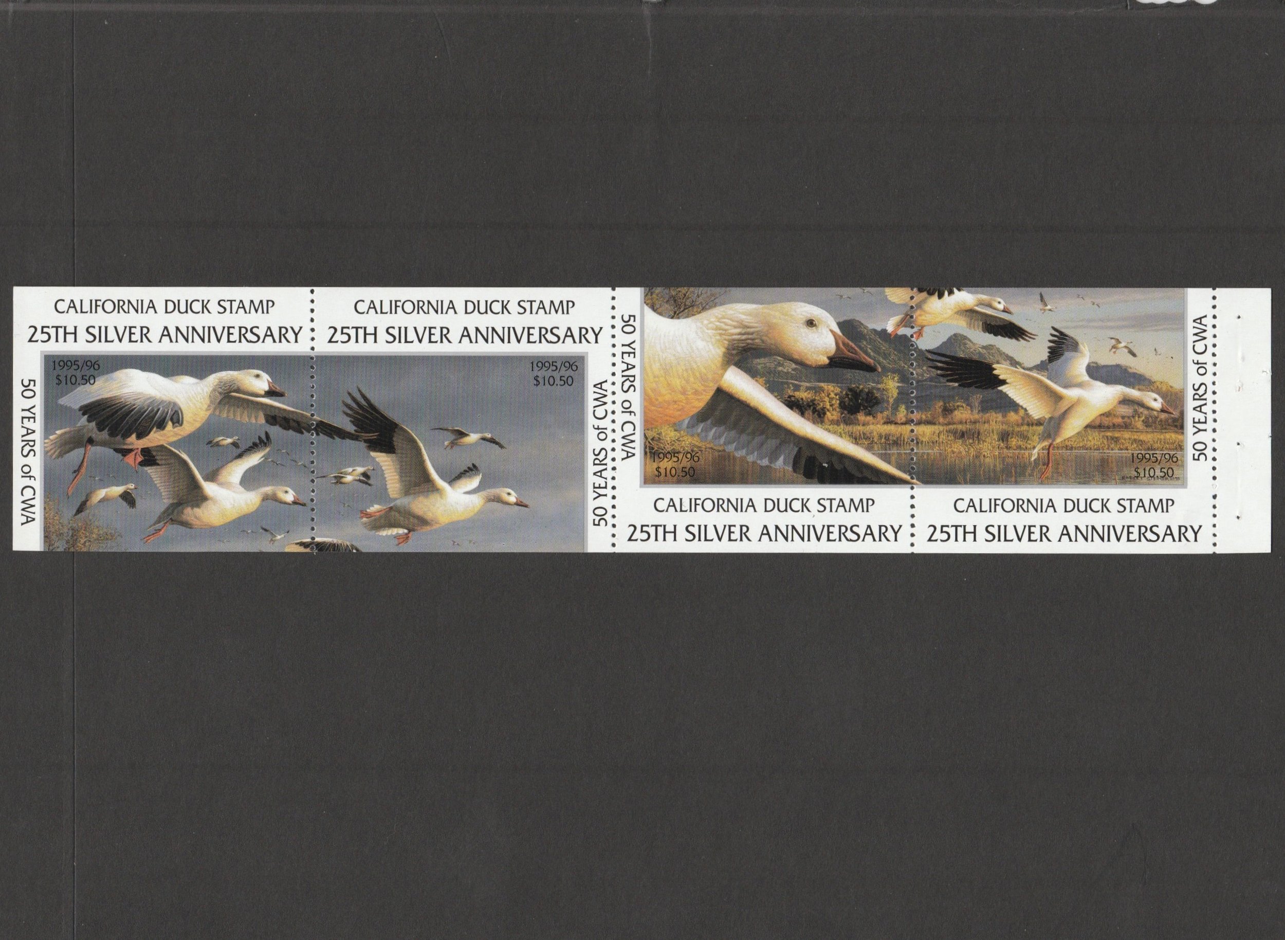 CA25 California Duck Stamp 1995-96 Strip of 4, Mint S/N 000132-05/08