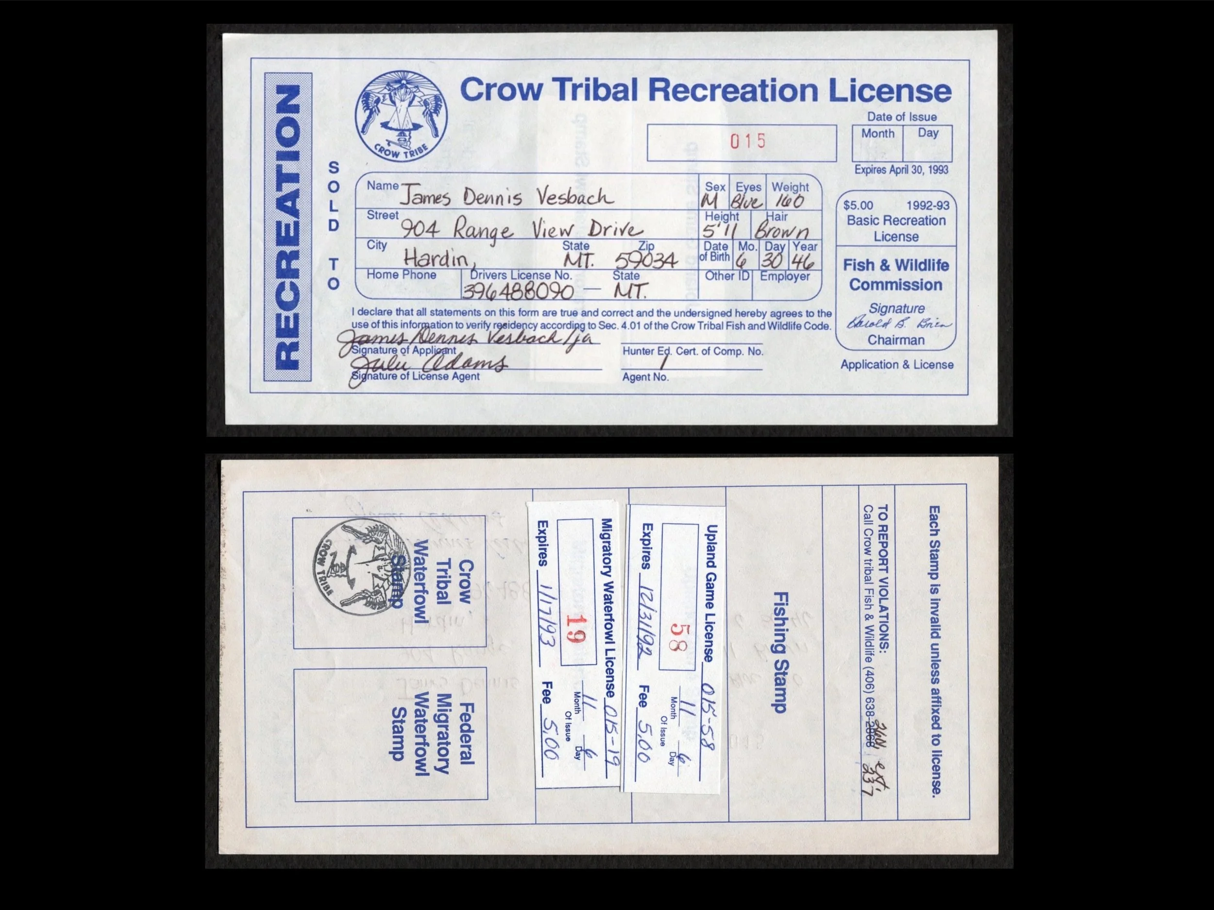 Crow Tribe 1992-93 Tribal License #002