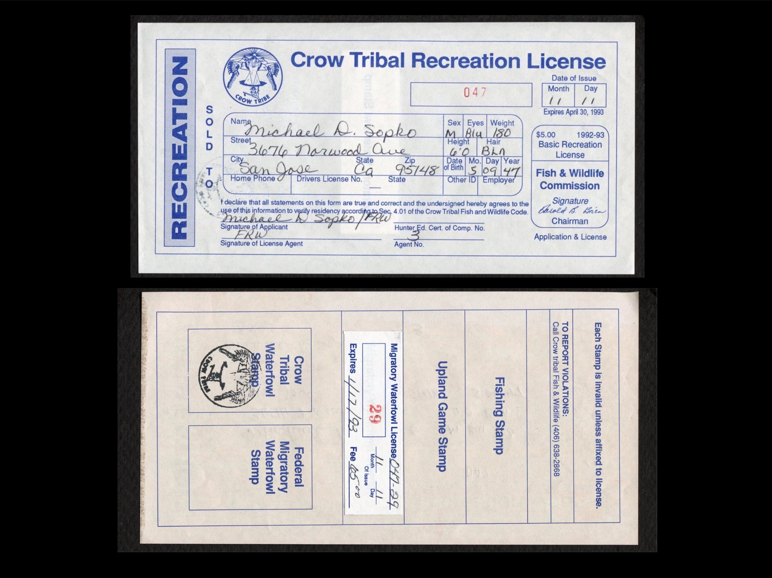Crow Tribe 1992-93 Tribal License #047 *RARE