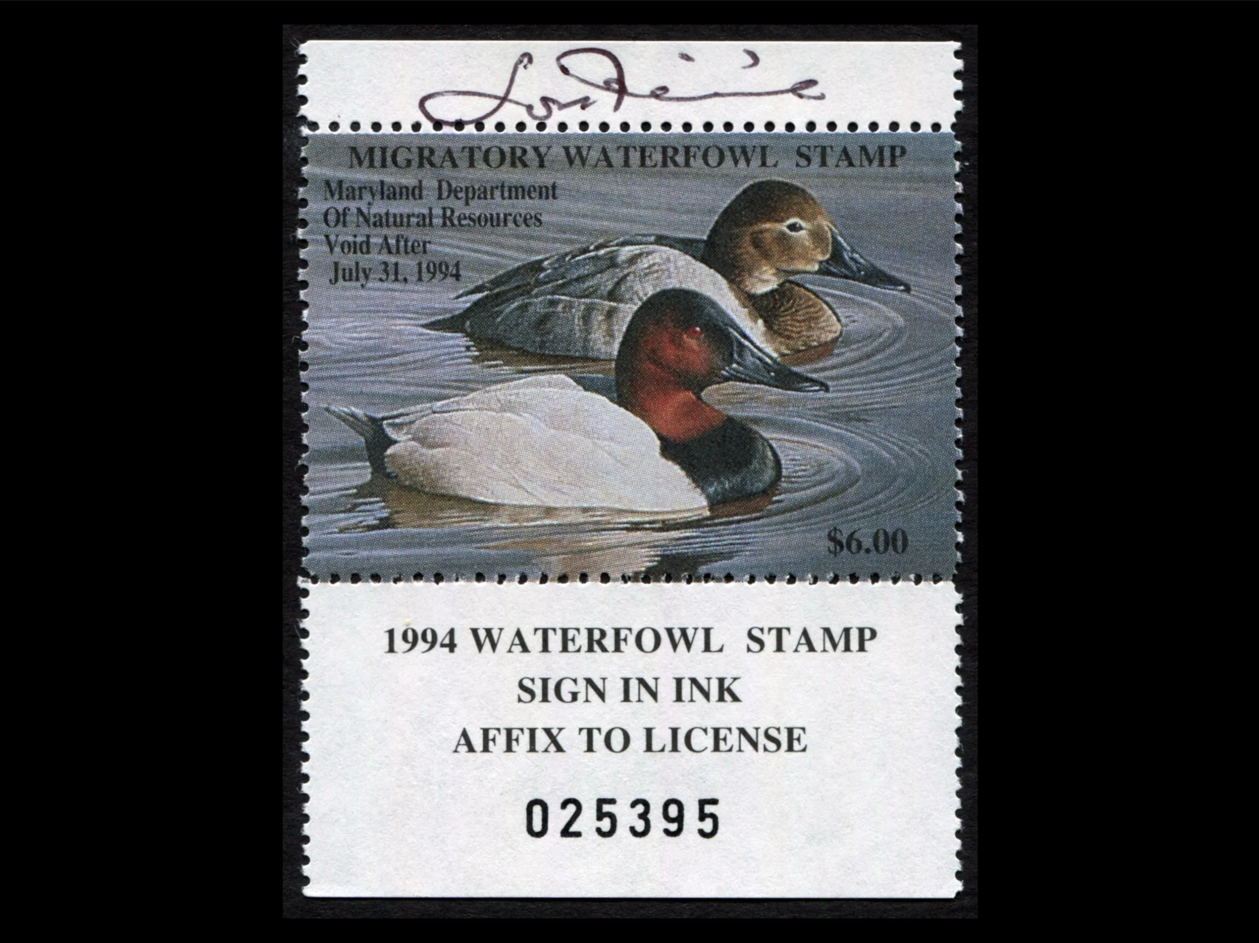 MD20 Maryland 1993 Artist-Signed Canvasbacks Duck Stamp, MNH