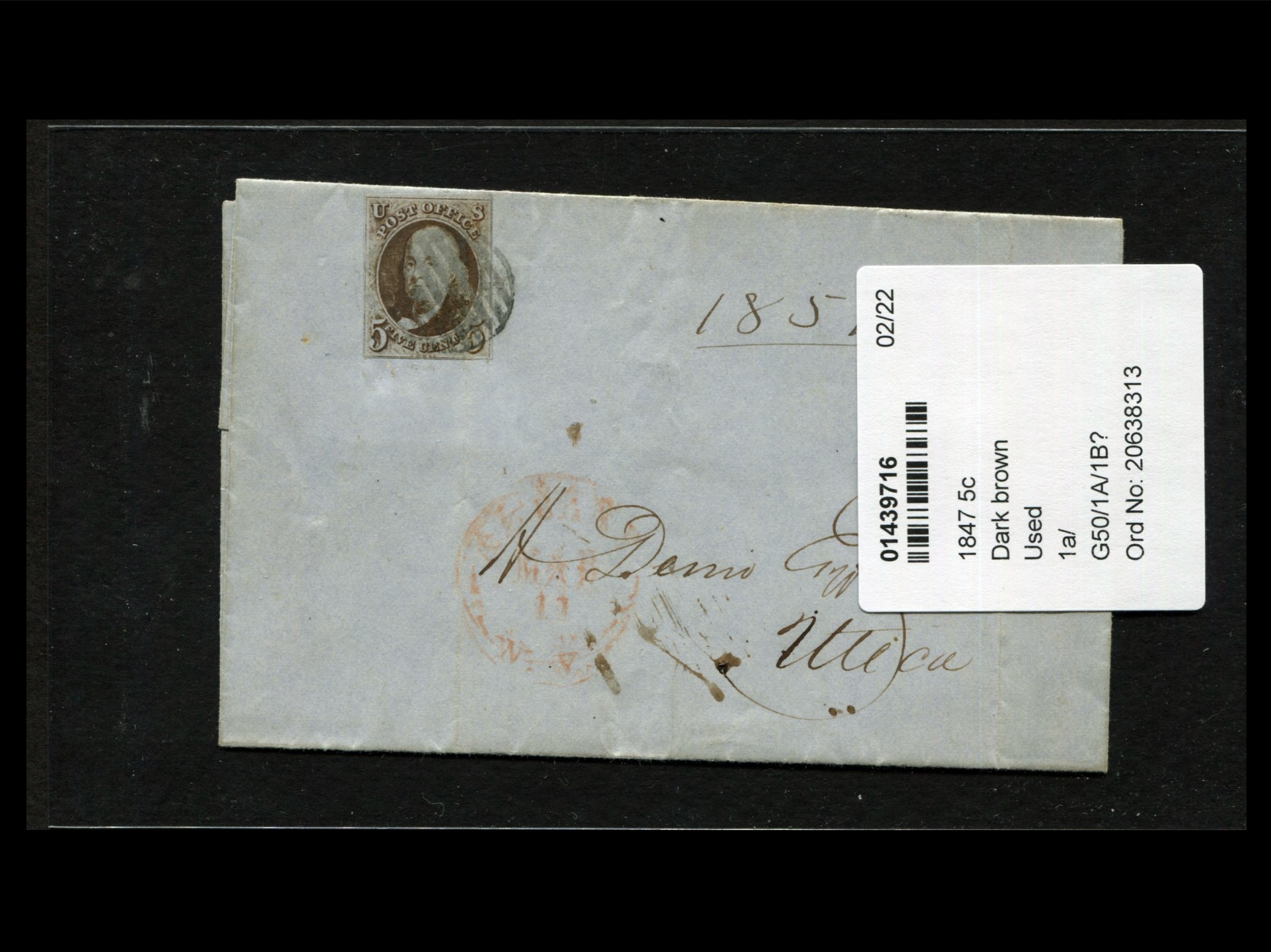 Scott NUMBER 1 Stamp on 1851 Cover w/Cert