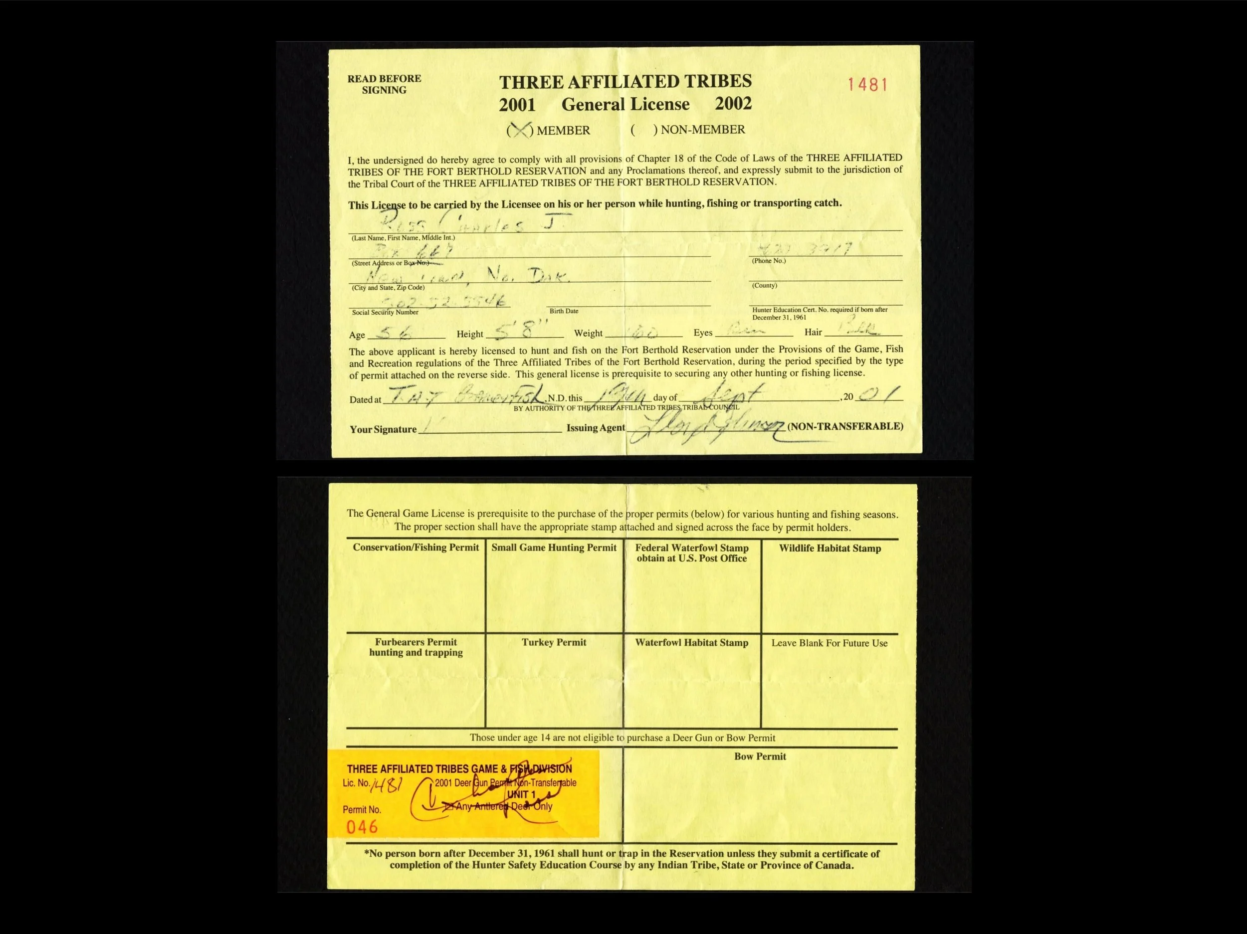 Fort Berthold 2001-02 Tribal Licence #1481 *RARE