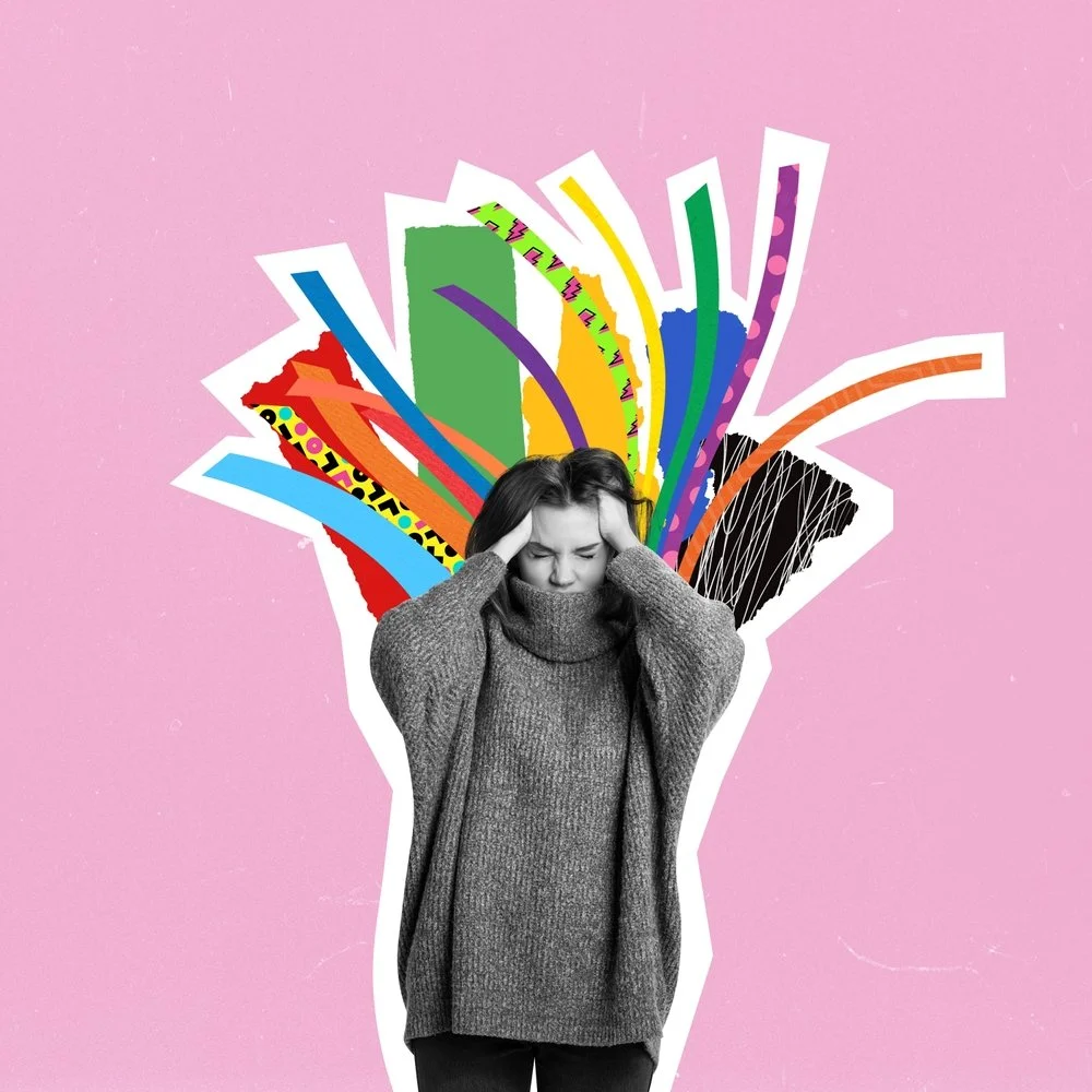 A Woman with lots of thoughts coming out of her head–ADHD overwhelm