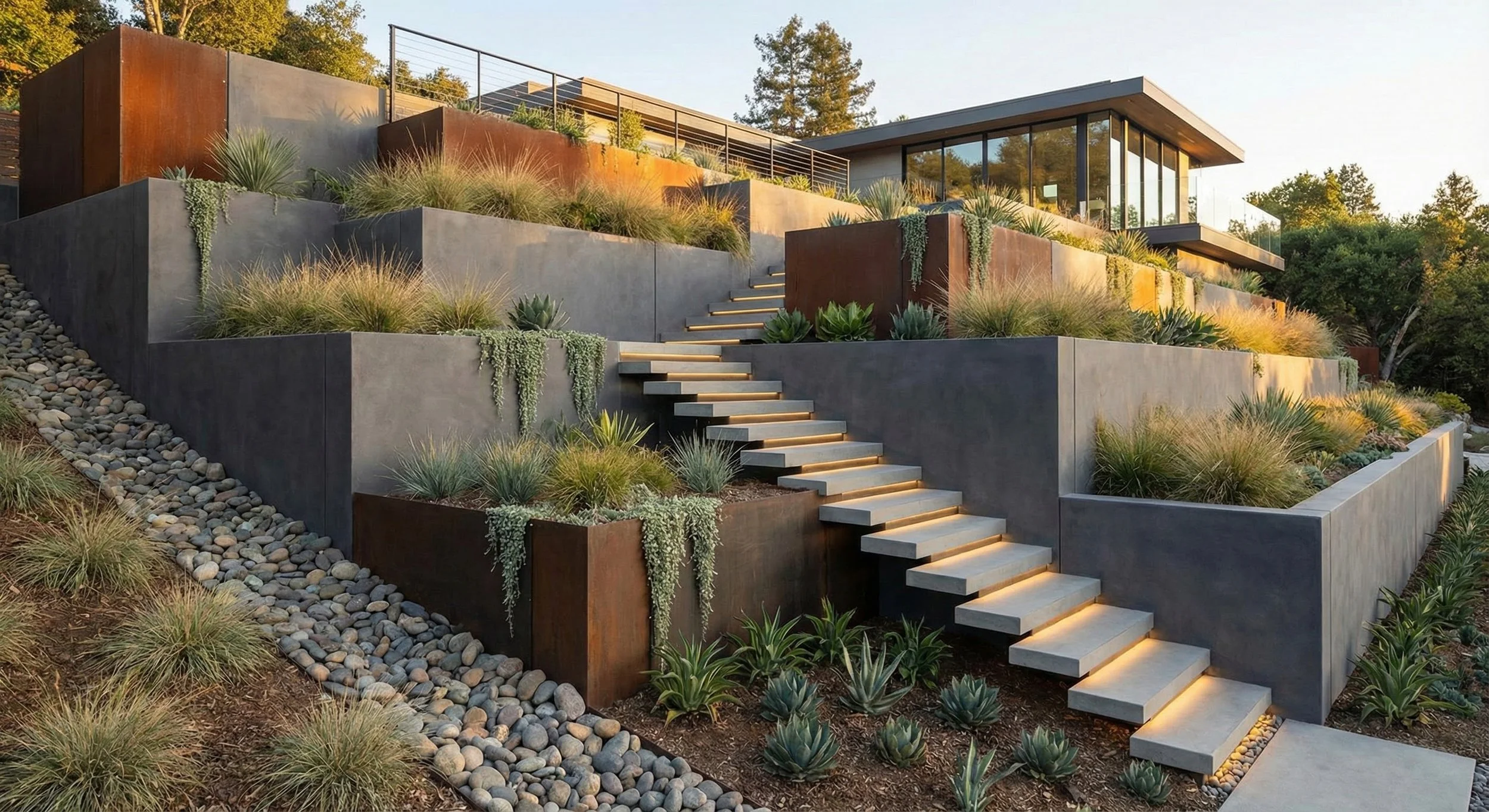 Multi-level modern house with large glass windows on a hillside, surrounded by landscaped garden with drought-resistant plants, concrete retaining walls, and illuminated stairs.