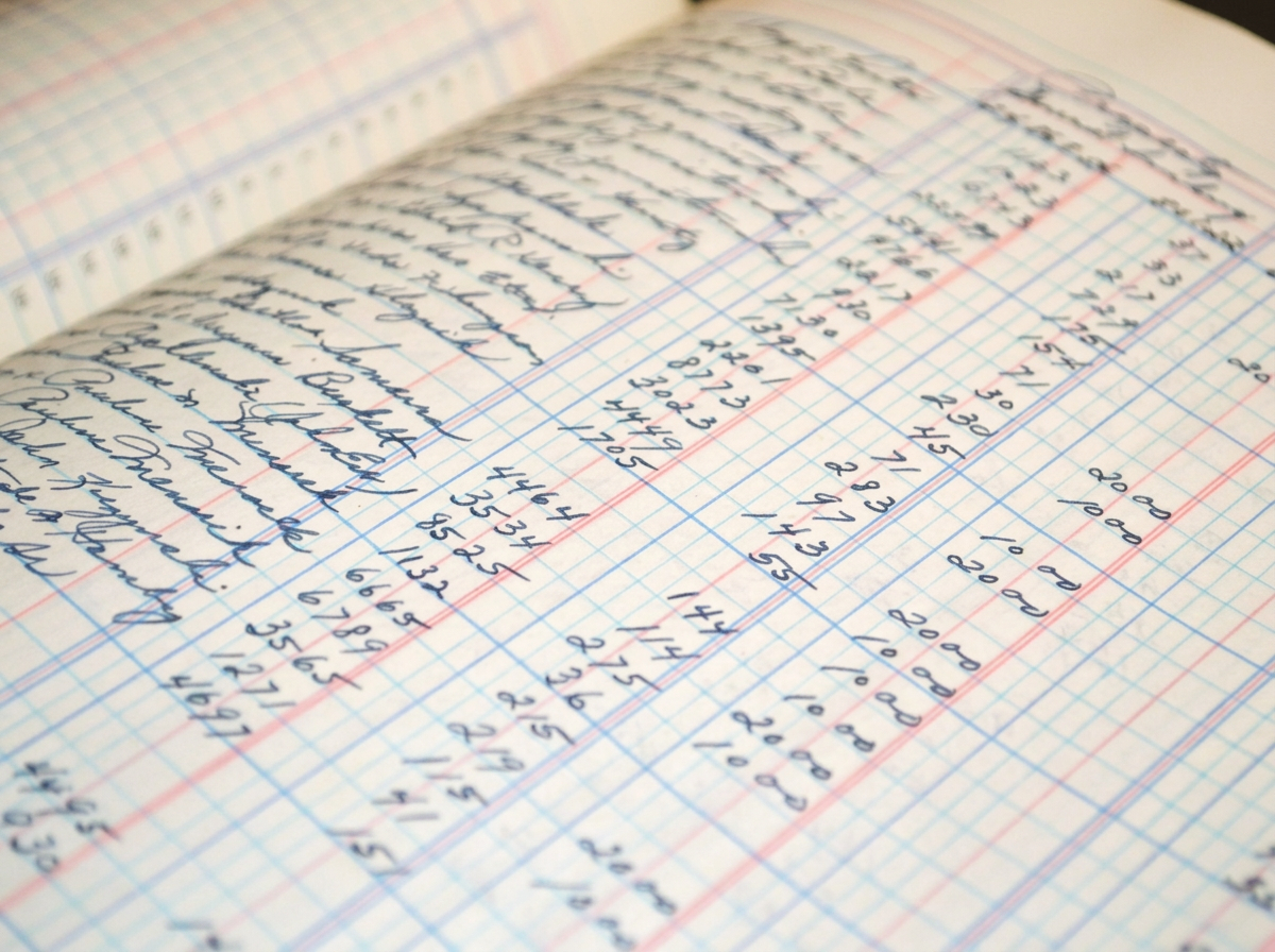 A handwritten bookkeeping ledger lies open