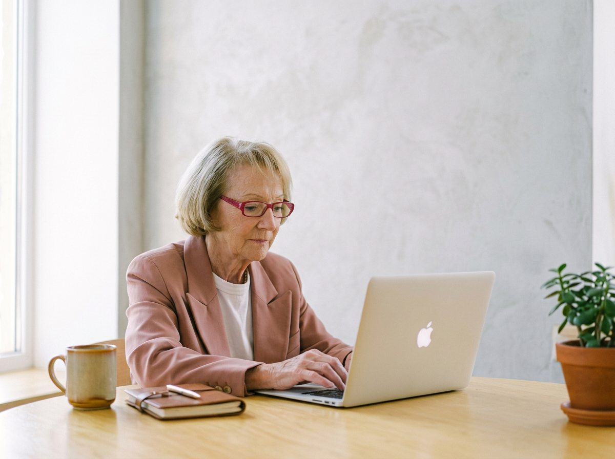 A retiring church bookkeeper documents important financial procedures on her laptop before leaving her role.