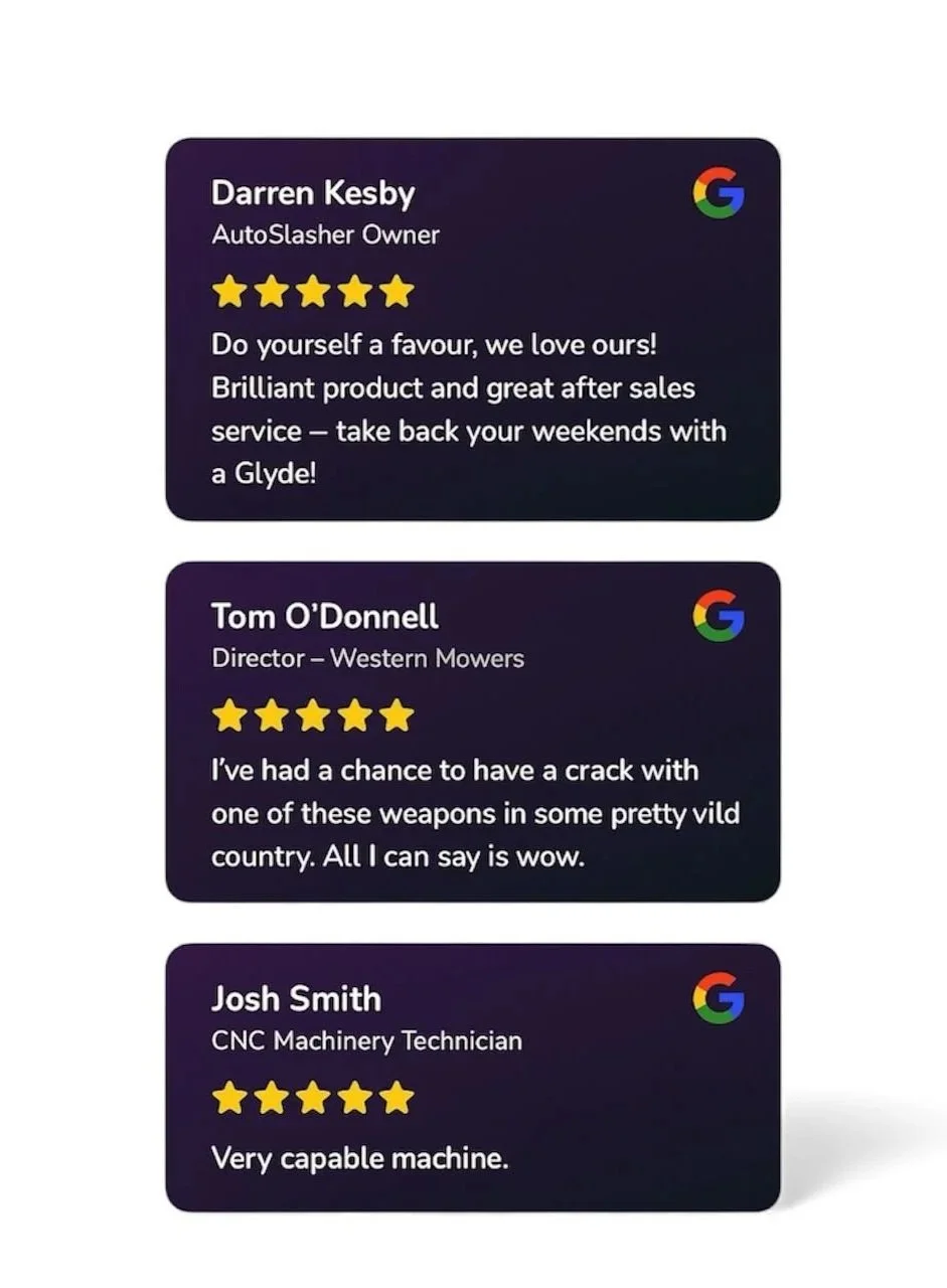 Three business reviews for Google, each with five-star ratings. The first review is for Darren Kesby, AutoSlasher Owner, praising the product and service. The second is for Tom O'Donnell, Director of Western Mowers, praising the weapon's power. The third is for Josh Smith, CNC Machinery Technician, calling the machine very capable.