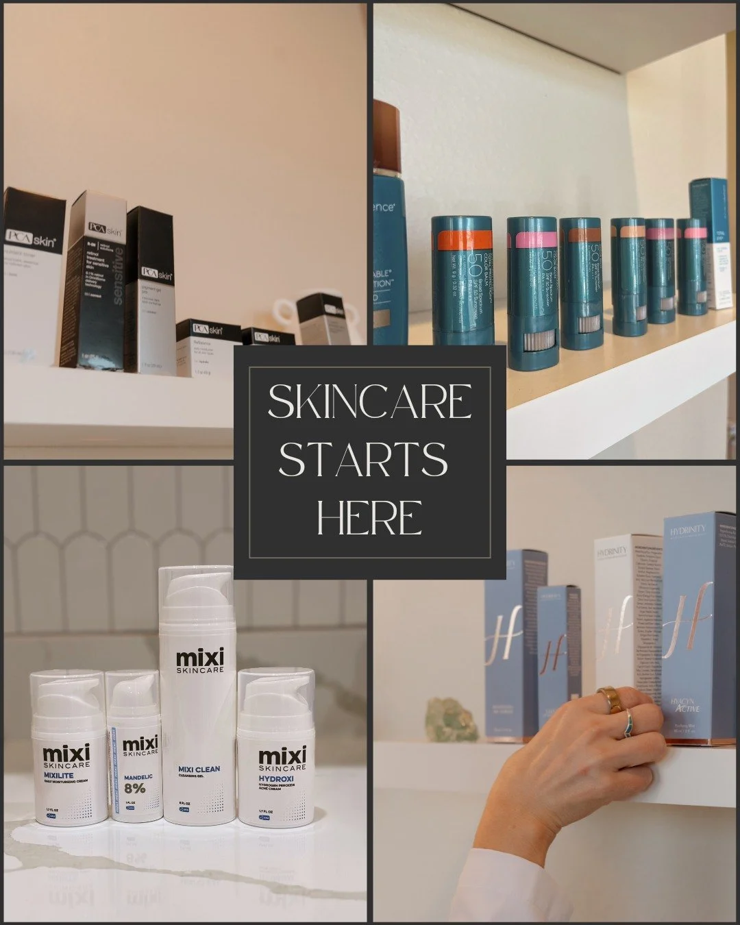 Your skincare destination 📍

We carry PCA Skin, Colorescience, Mixi and Hydrinity. Your skincare routine is only as good as the products you use. From post-treatment recovery to daily hydration, we&rsquo;re here to help you build a routine that work