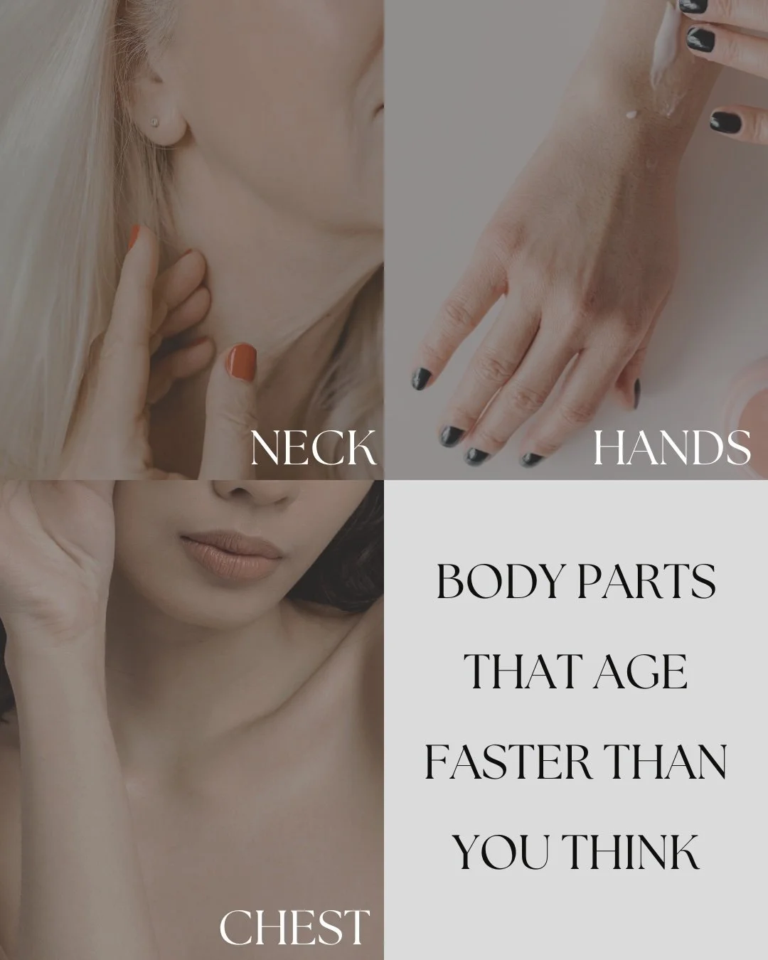 Are you ignoring these areas? They might be aging faster than you think.

- Your hands are exposed to sun, water, and harsh soaps, all without the regular skincare we give our face

-The chest is prone to wrinkles, sun damage, and crepiness, especial