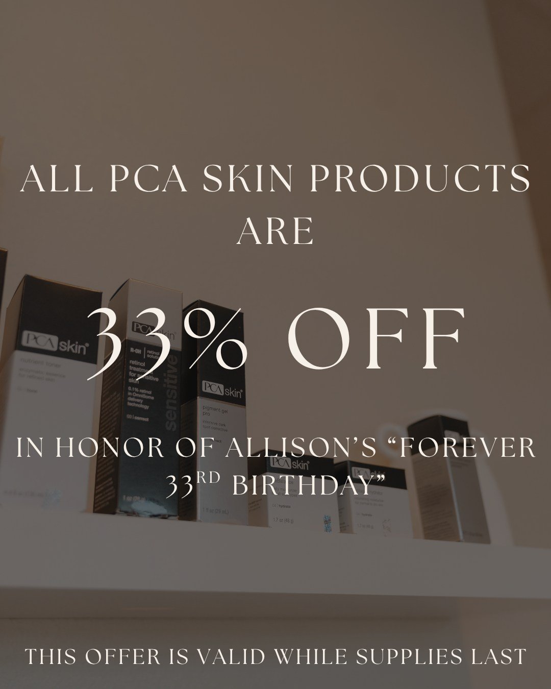 To celebrate Allison's birthday, we are giving you guys 33% off on ALL PCA Skin products! This offer will be valid from TODAY- FRIDAY 5/29, while supplies last 💸

Come get your favorite products for a great price, in store only, or call us to reserv