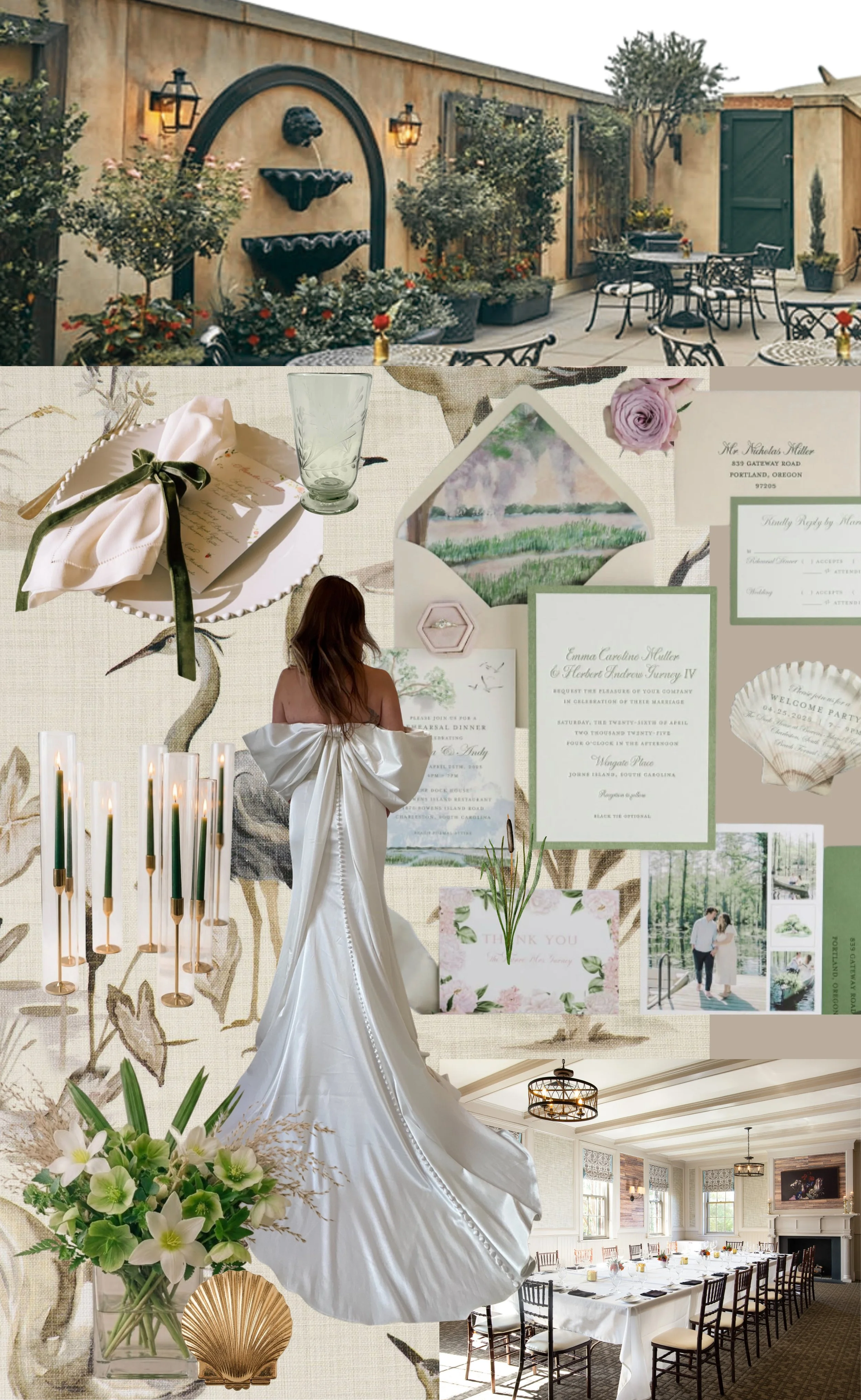 A collage of four images: an outdoor patio with tables and chairs, a wedding invitation stationery with floral motifs and a woman in a wedding dress, and a formal dining room with a long table and chandelier.