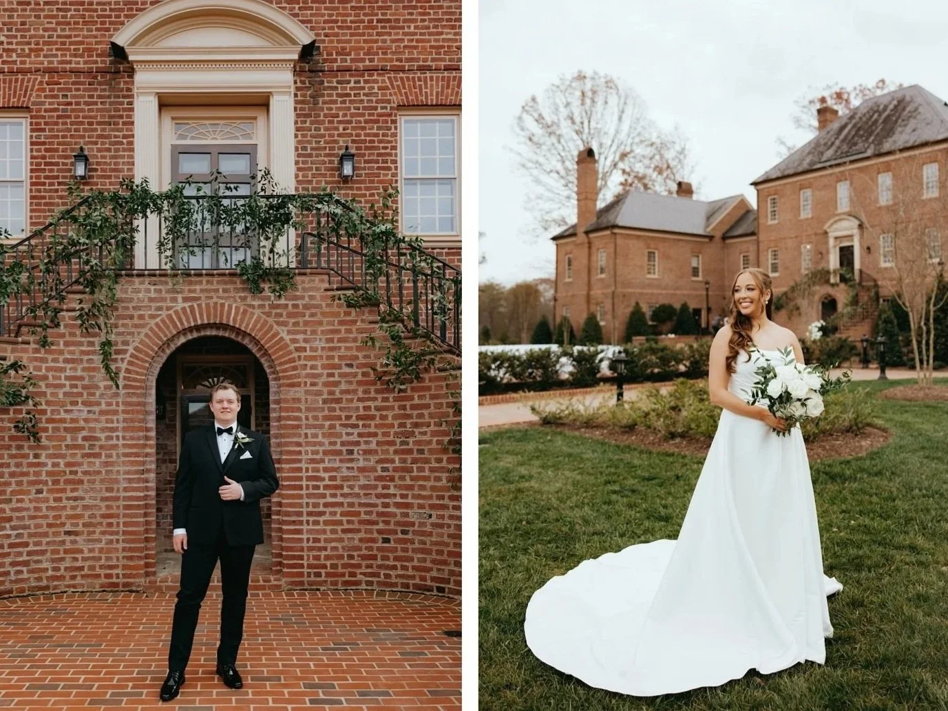 Side-by-side photos of a groom in a black tuxedo and a bride in a white wedding dress, standing outside in front of a historic brick building and garden.