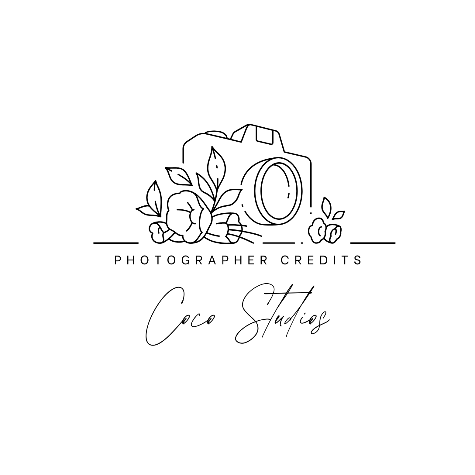 Logo for Coco Studios featuring a line art camera surrounded by flowers with the text "Photographer Credits" and "Coco Studios".