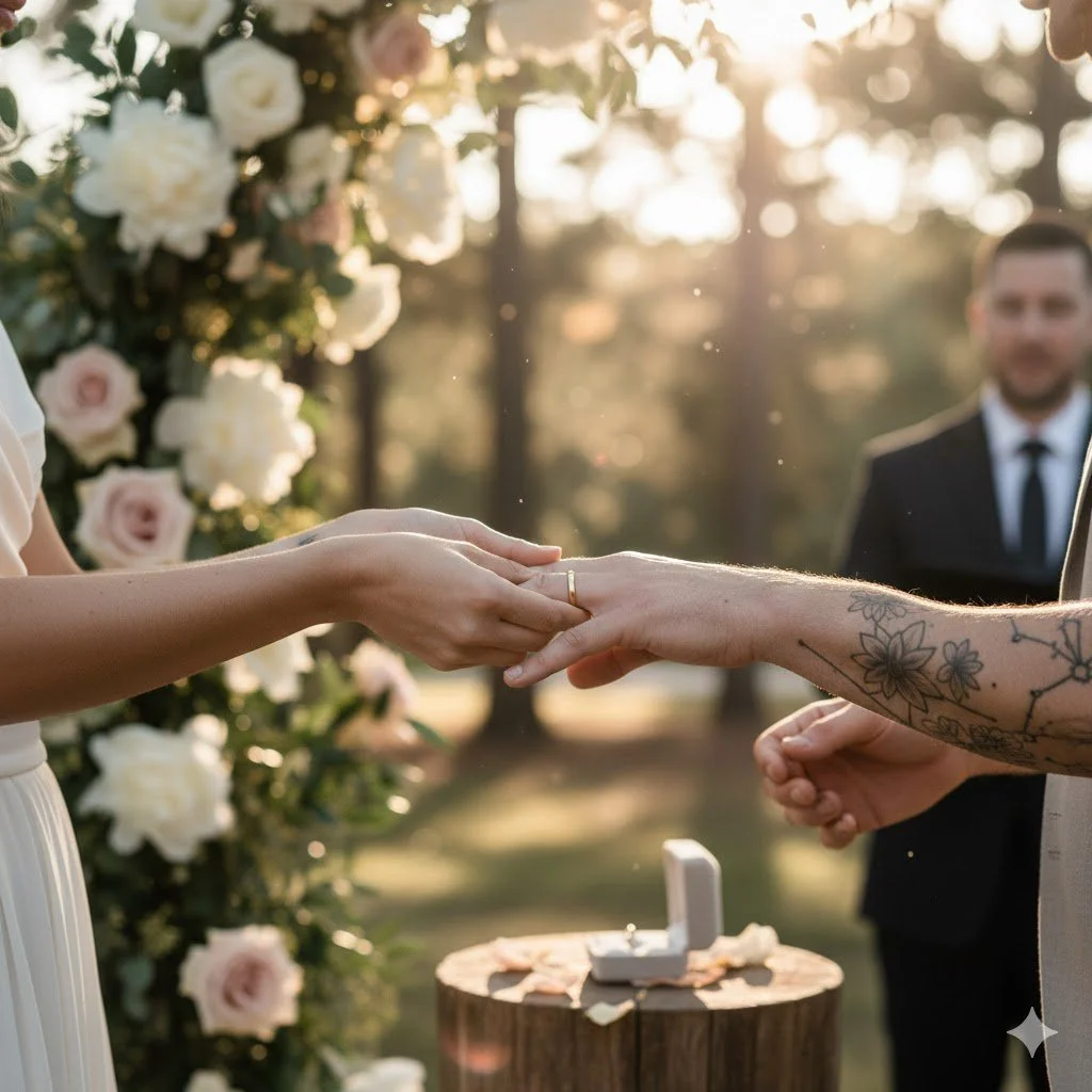 LGBTQ+ friendly wedding planner in Charlotte: An intimate close-up of two people exchanging rings during a romantic outdoor ceremony at golden hour.