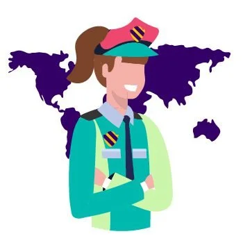 Ilustración de una policía mujer con fondo de mapa del mundo
